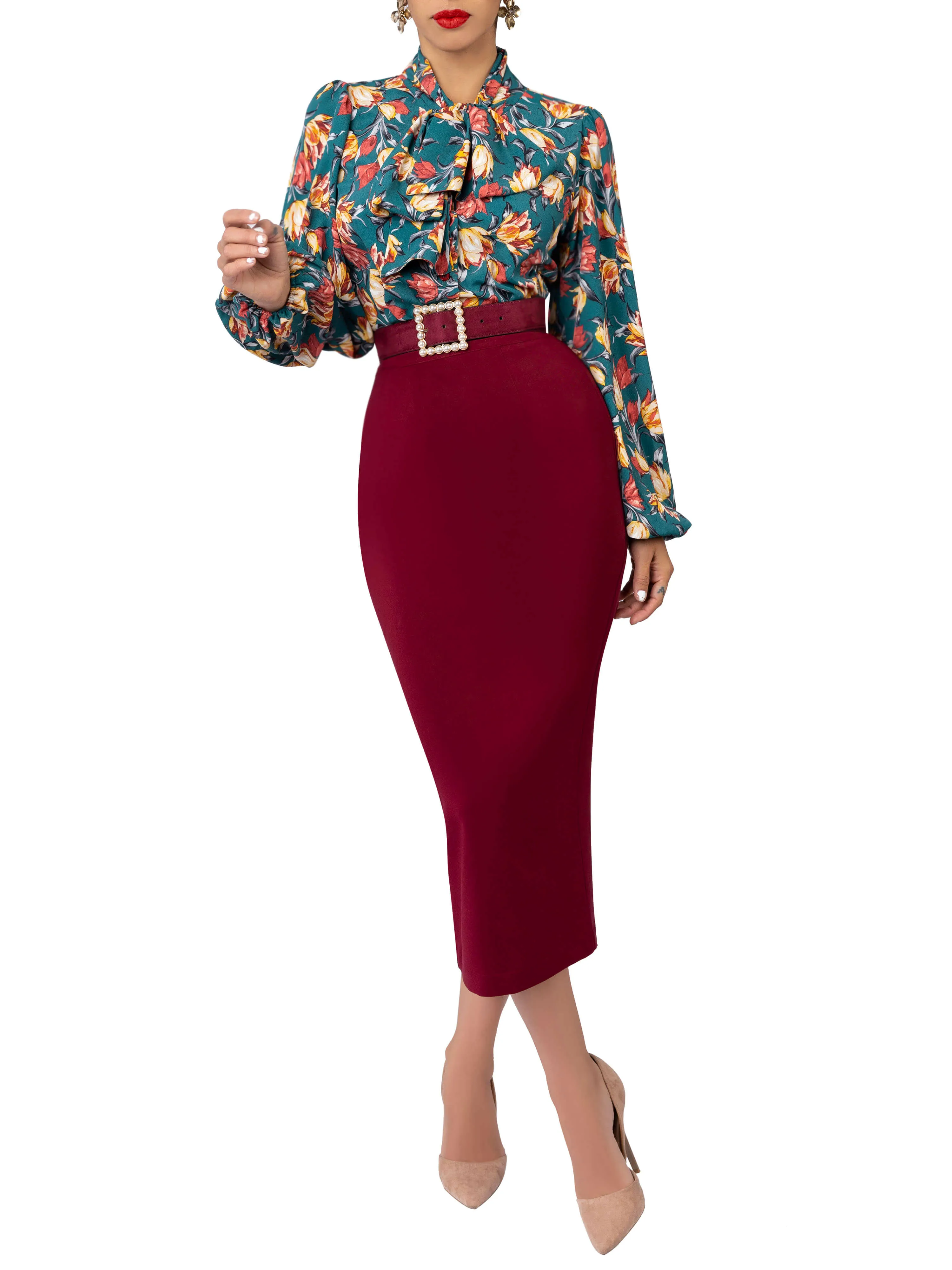"Pomegranate" Burgundy Pencil Midi Skirt