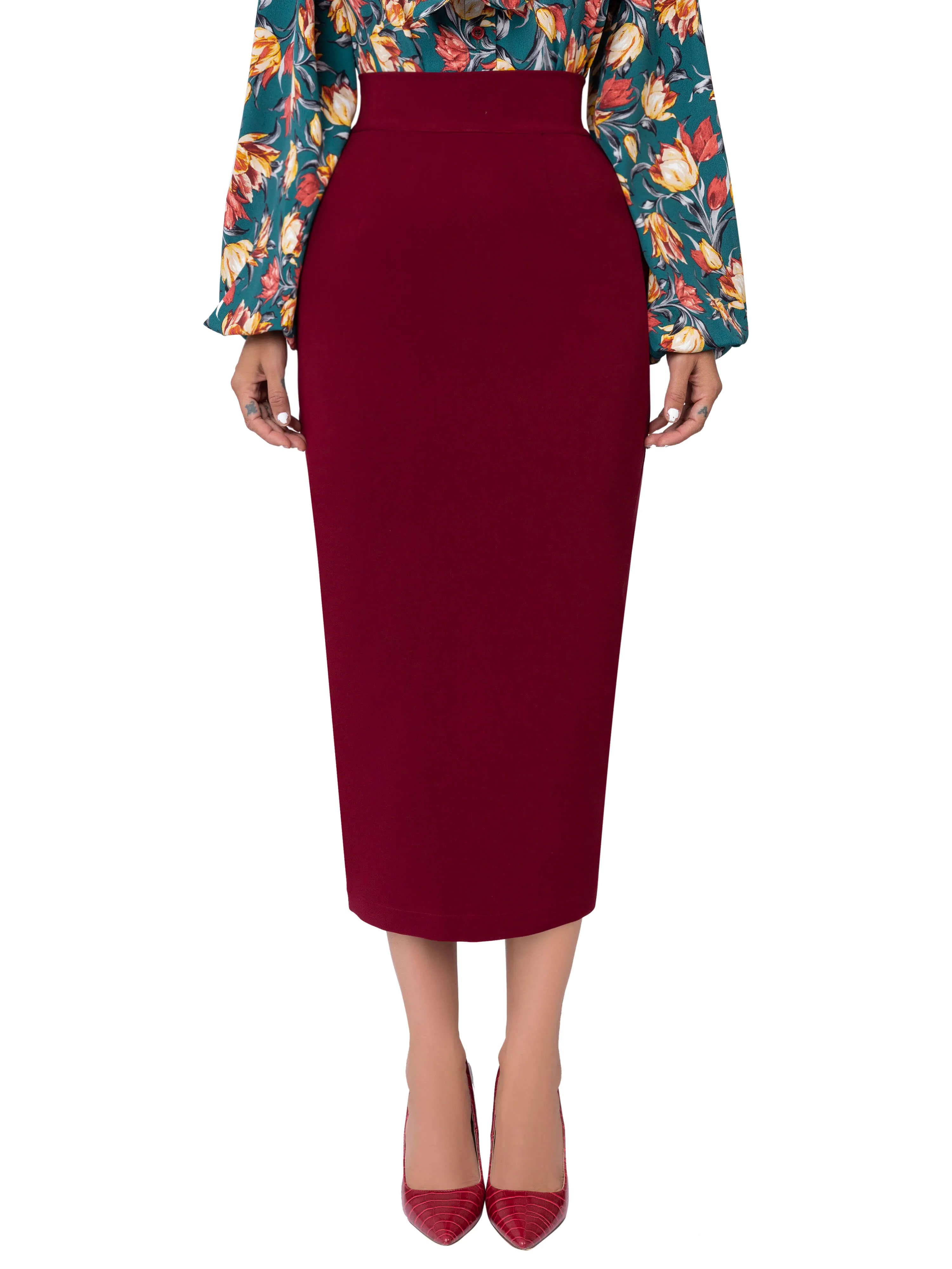 "Pomegranate" Burgundy Pencil Midi Skirt
