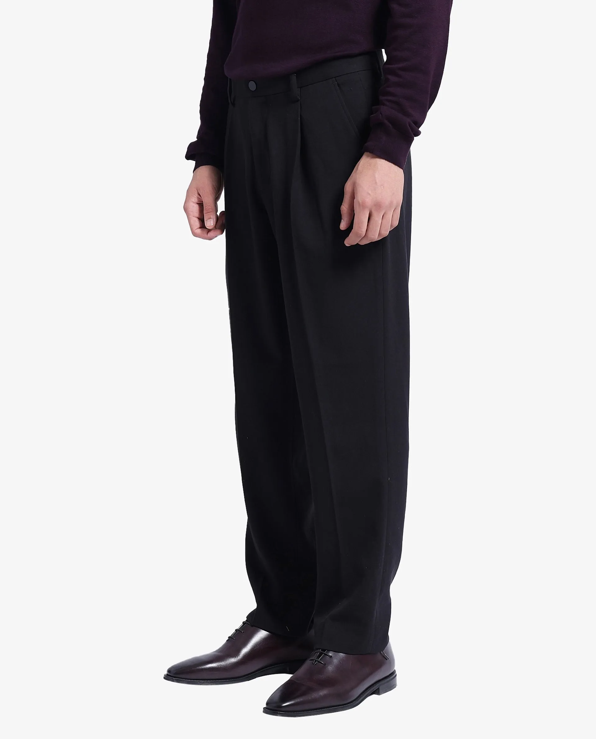 Rare Rabbit Men Branter Black Polyester Rayon Fabric Mid Rise Pleated Relaxed Fit Trouser