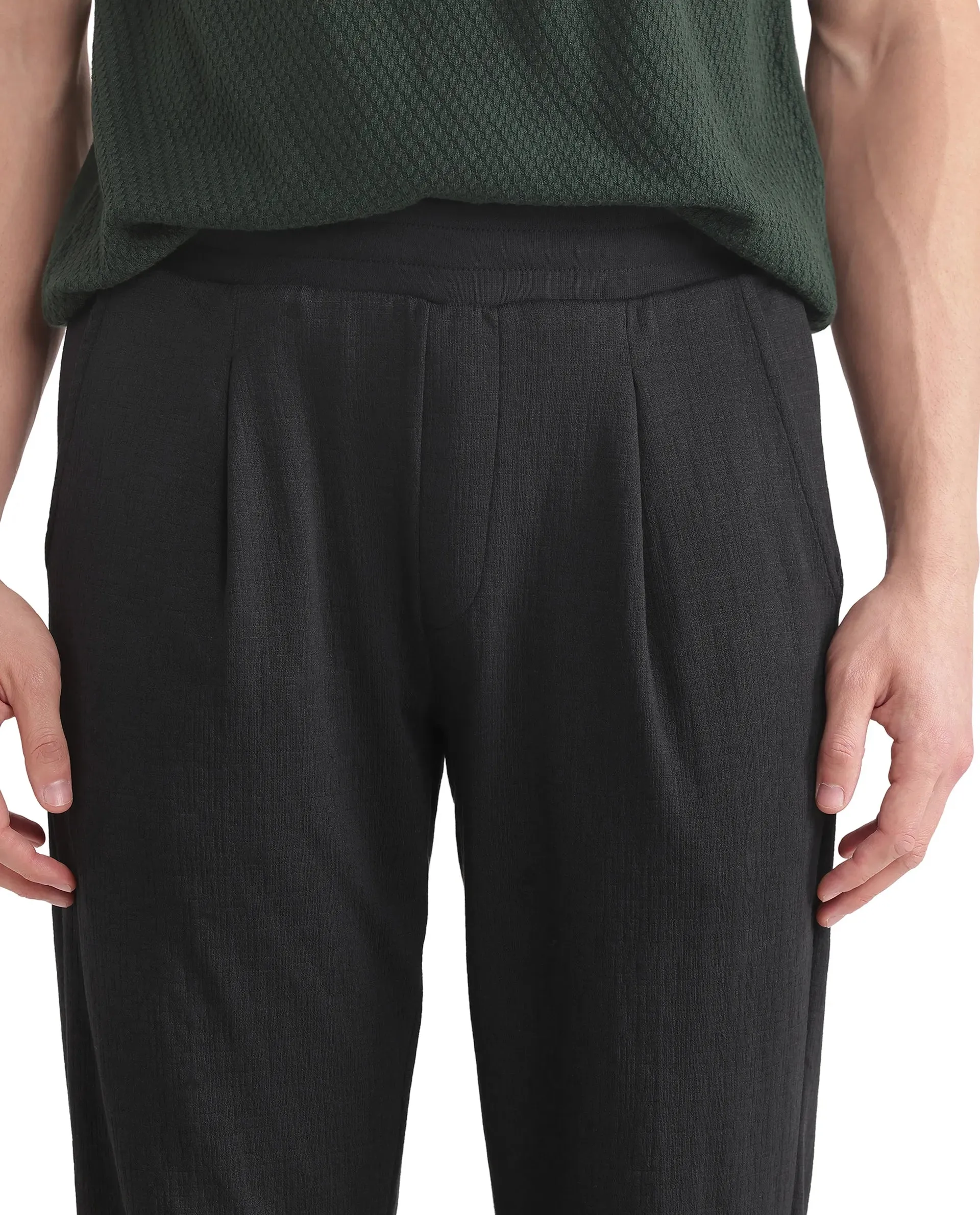 Rare Rabbit Men Kelo Black Cotton Elastane Fabric Pintuck Detail Regular Fit Plain Trouser