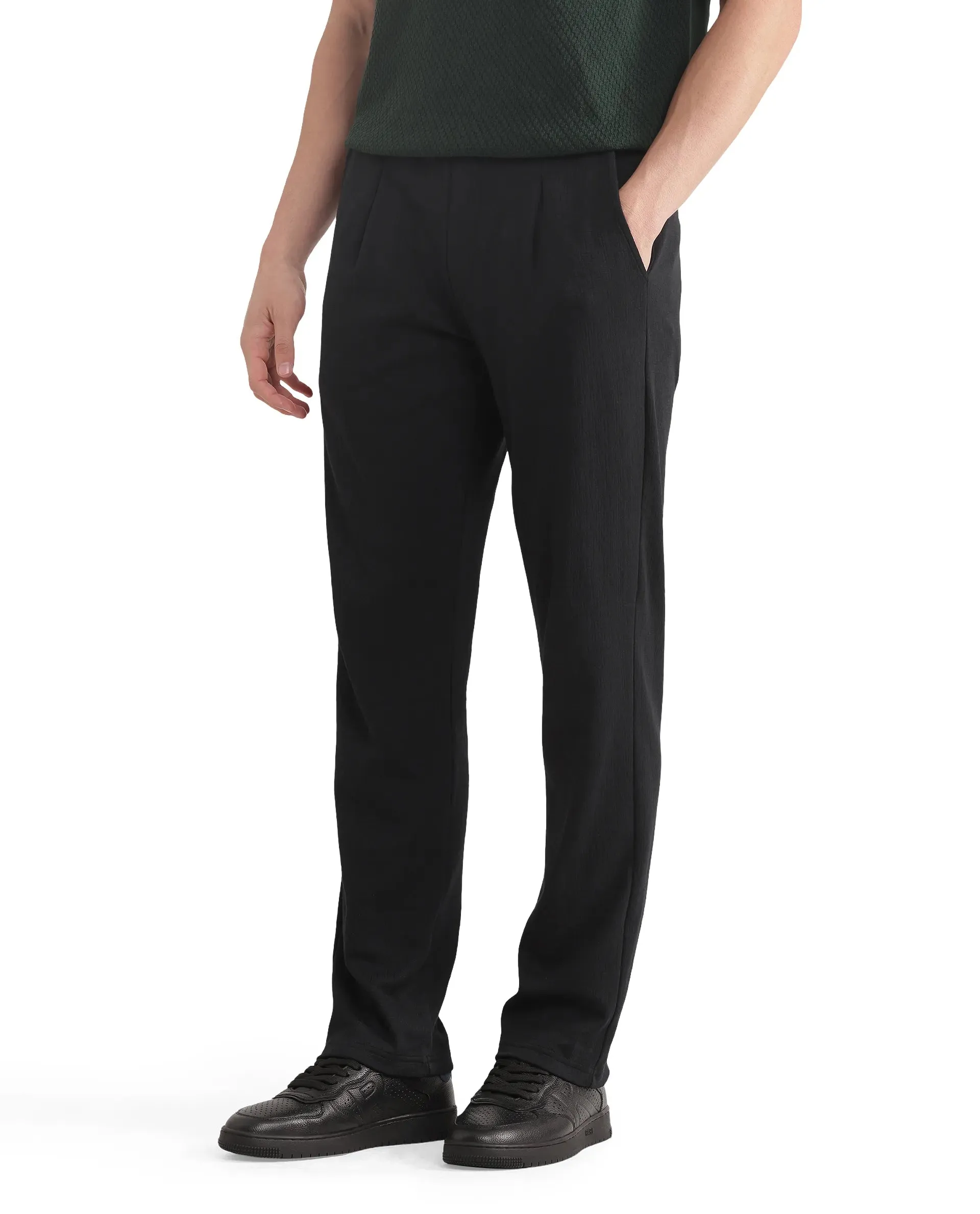 Rare Rabbit Men Kelo Black Cotton Elastane Fabric Pintuck Detail Regular Fit Plain Trouser
