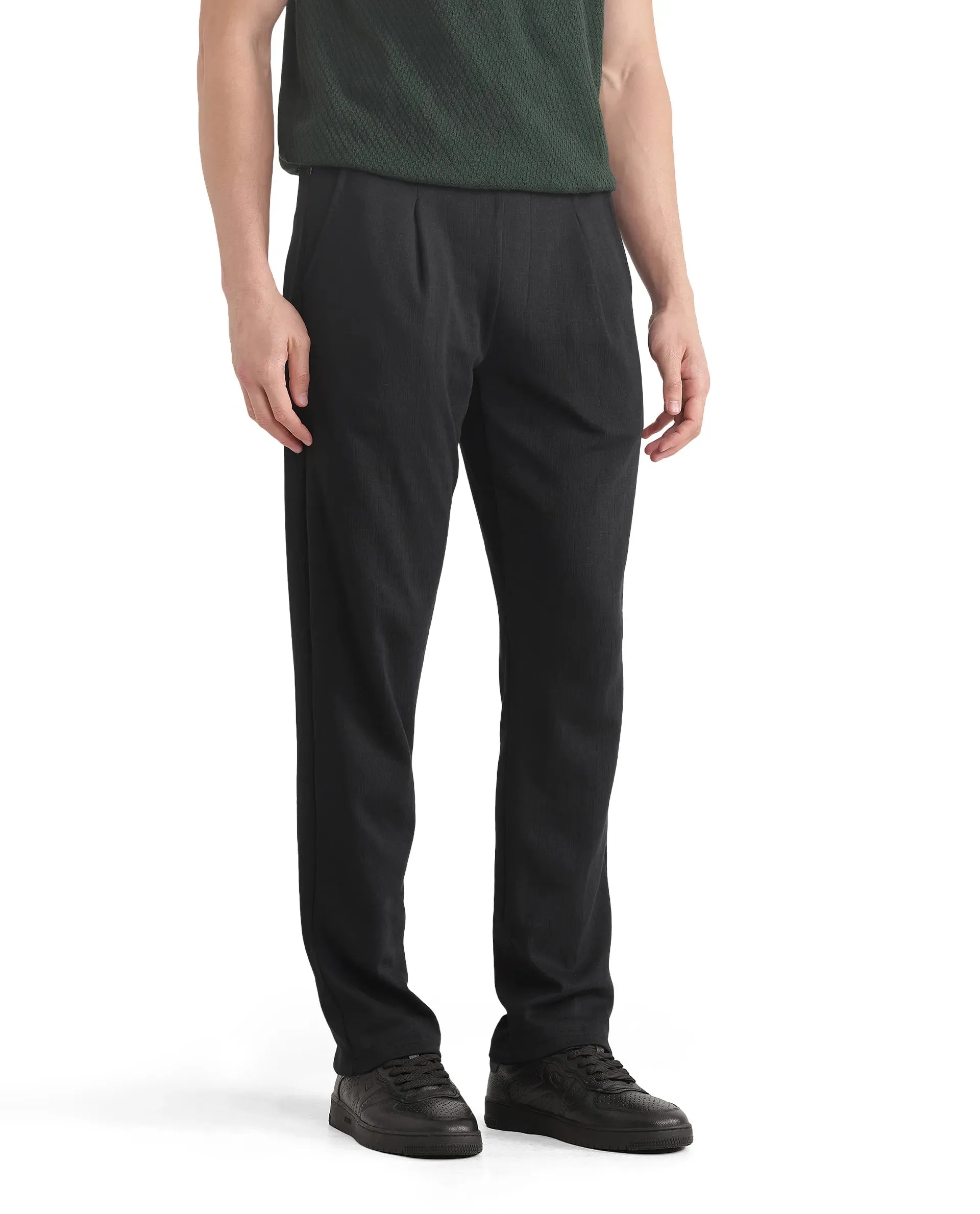 Rare Rabbit Men Kelo Black Cotton Elastane Fabric Pintuck Detail Regular Fit Plain Trouser