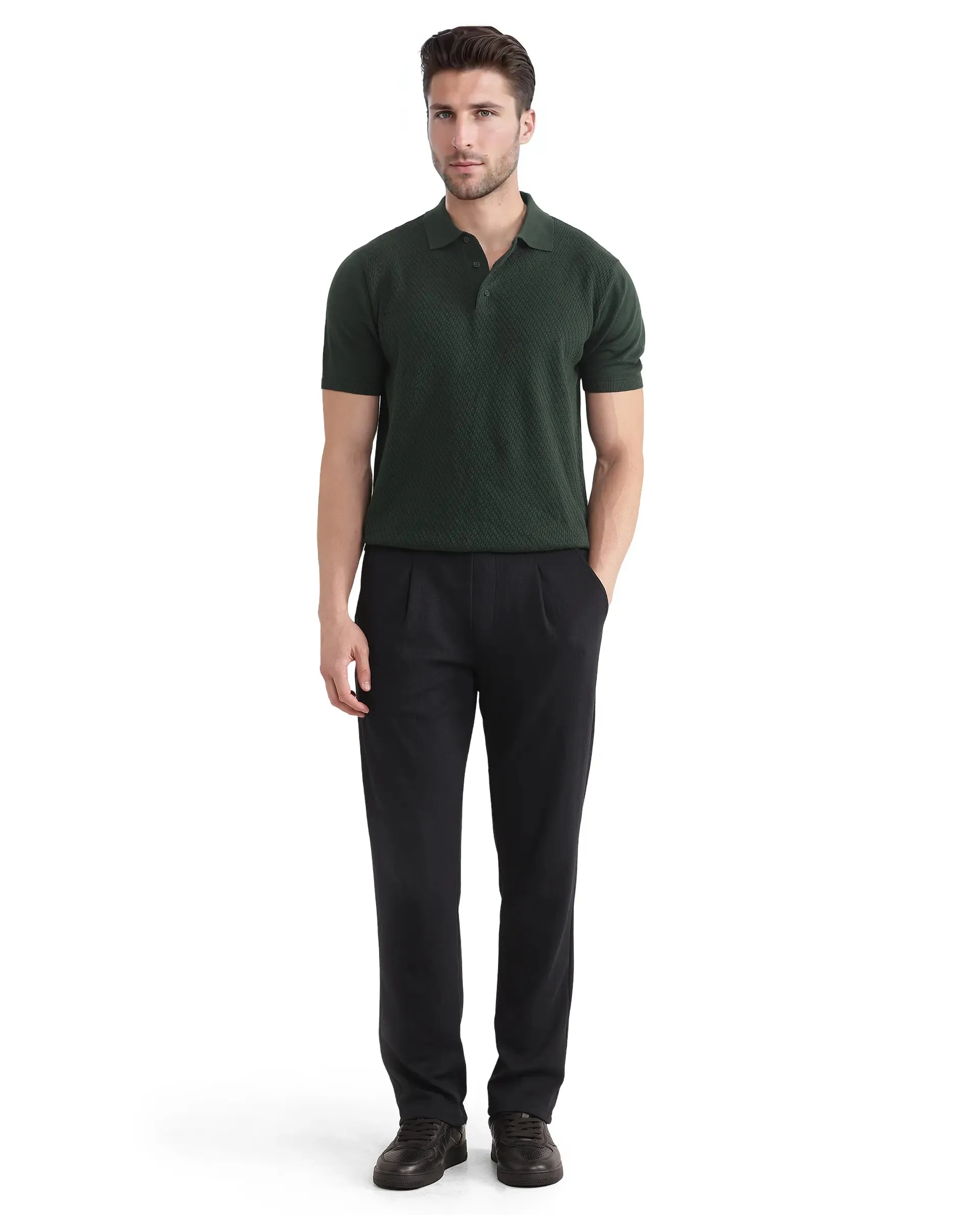 Rare Rabbit Men Kelo Black Cotton Elastane Fabric Pintuck Detail Regular Fit Plain Trouser