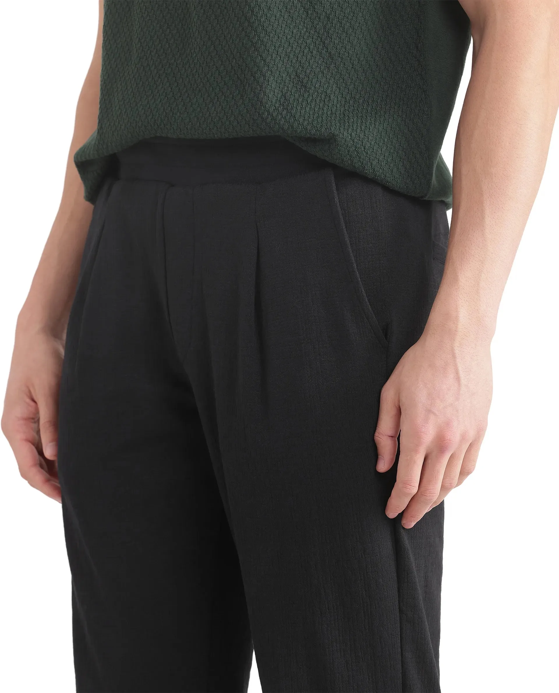 Rare Rabbit Men Kelo Black Cotton Elastane Fabric Pintuck Detail Regular Fit Plain Trouser