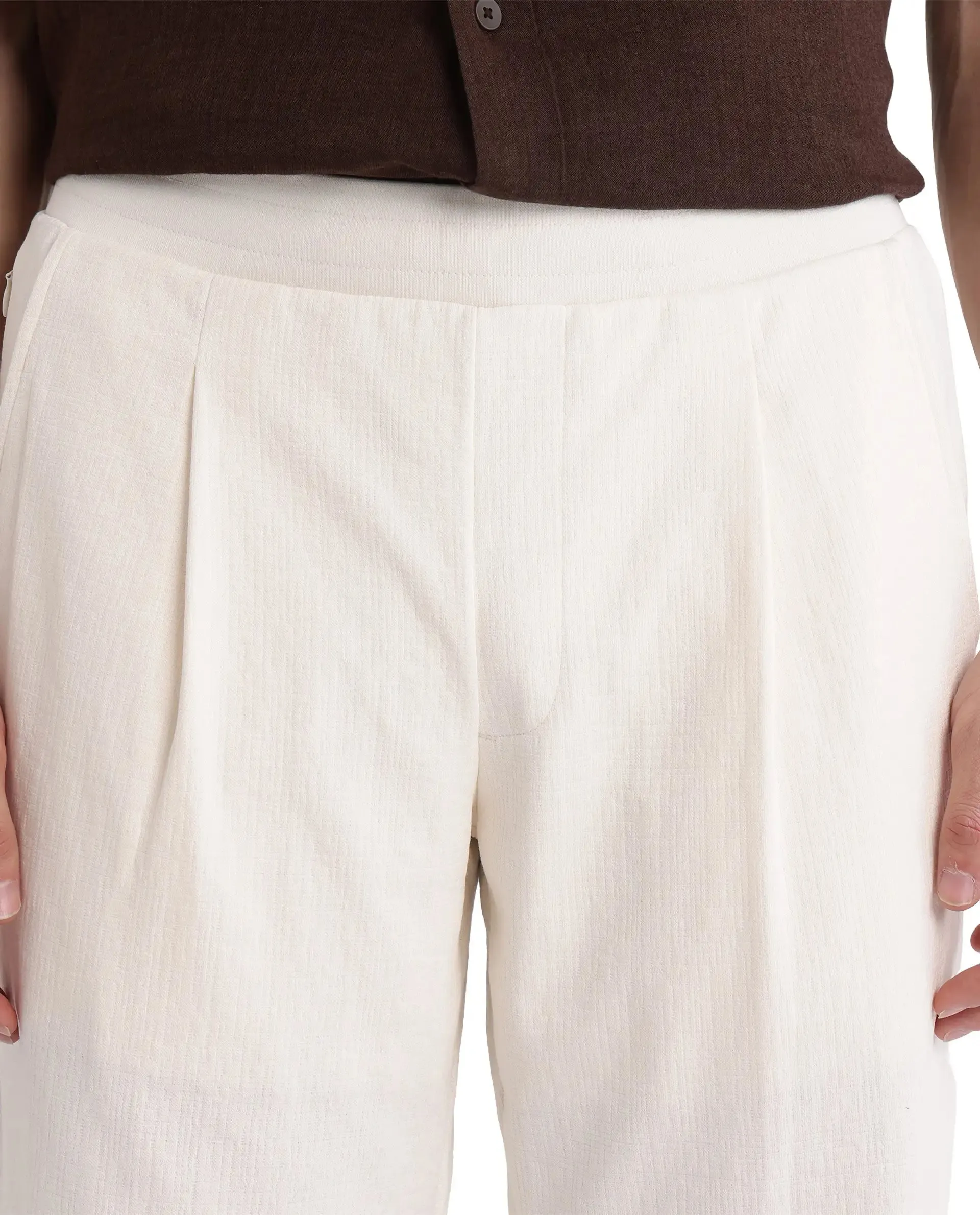 Rare Rabbit Men Kelo Off White Cotton Elastane Fabric Pintuck Detail Regular Fit Plain Trouser
