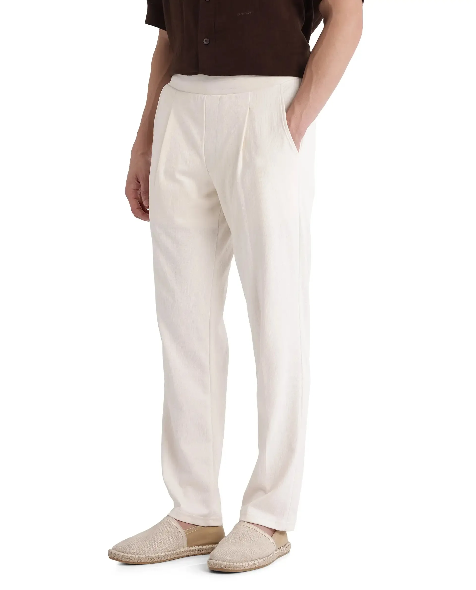 Rare Rabbit Men Kelo Off White Cotton Elastane Fabric Pintuck Detail Regular Fit Plain Trouser