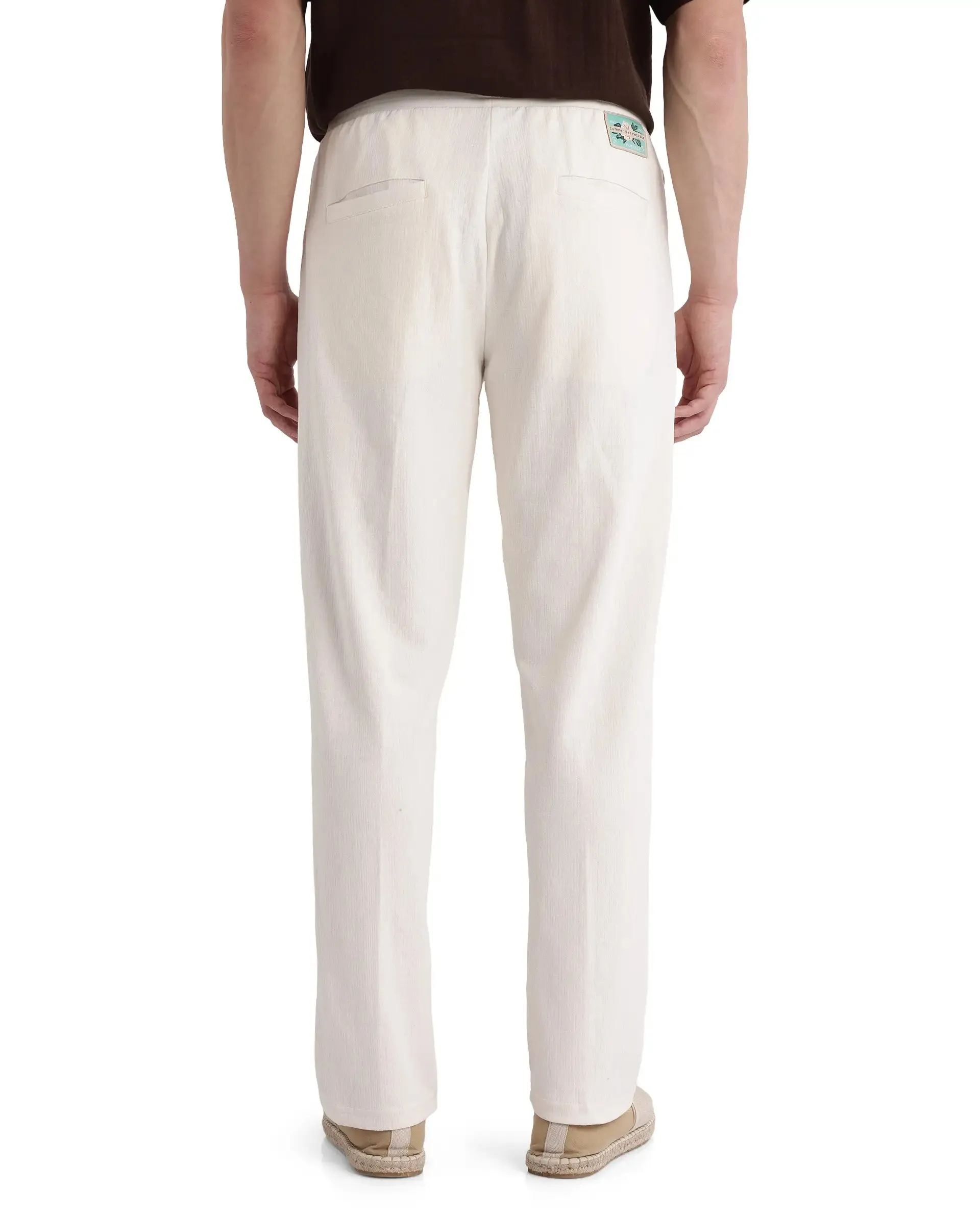 Rare Rabbit Men Kelo Off White Cotton Elastane Fabric Pintuck Detail Regular Fit Plain Trouser