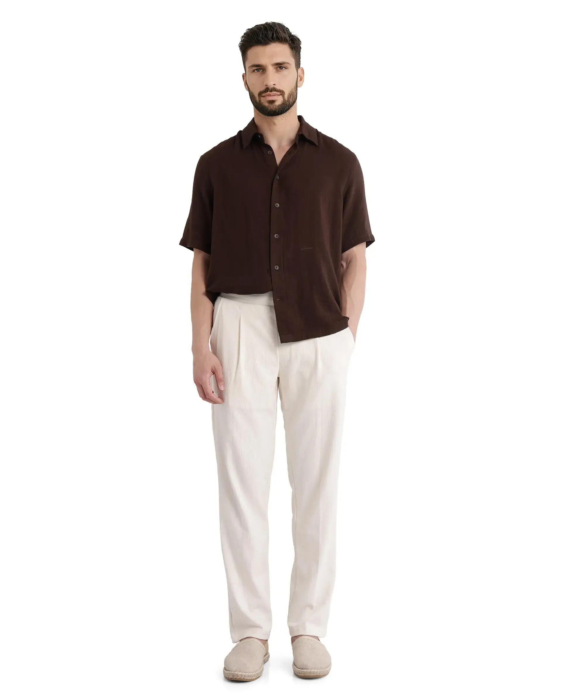 Rare Rabbit Men Kelo Off White Cotton Elastane Fabric Pintuck Detail Regular Fit Plain Trouser