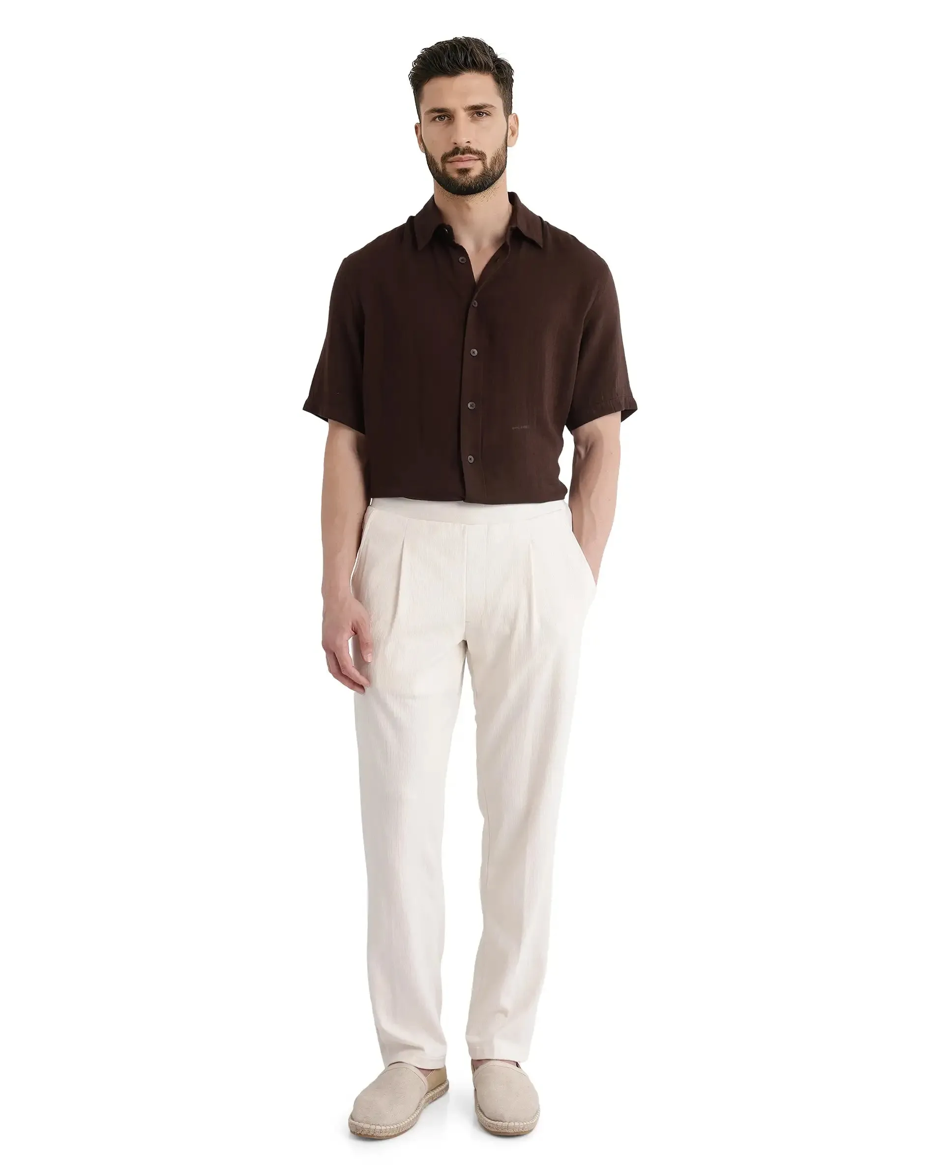 Rare Rabbit Men Kelo Off White Cotton Elastane Fabric Pintuck Detail Regular Fit Plain Trouser