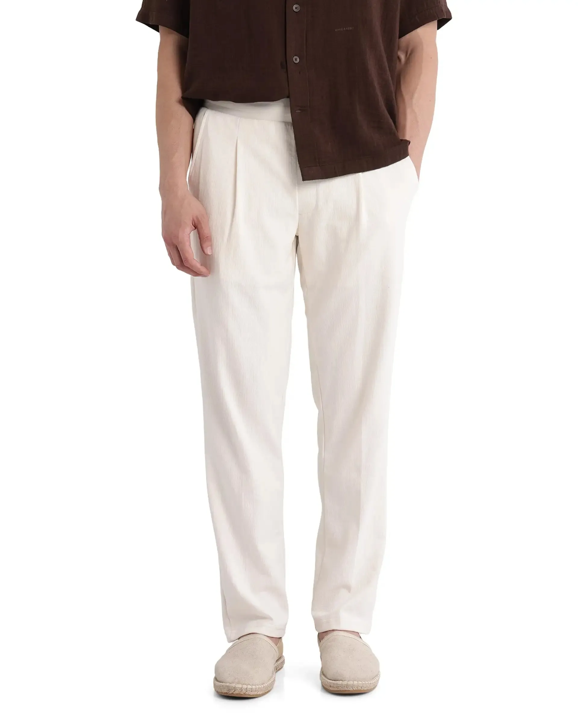 Rare Rabbit Men Kelo Off White Cotton Elastane Fabric Pintuck Detail Regular Fit Plain Trouser