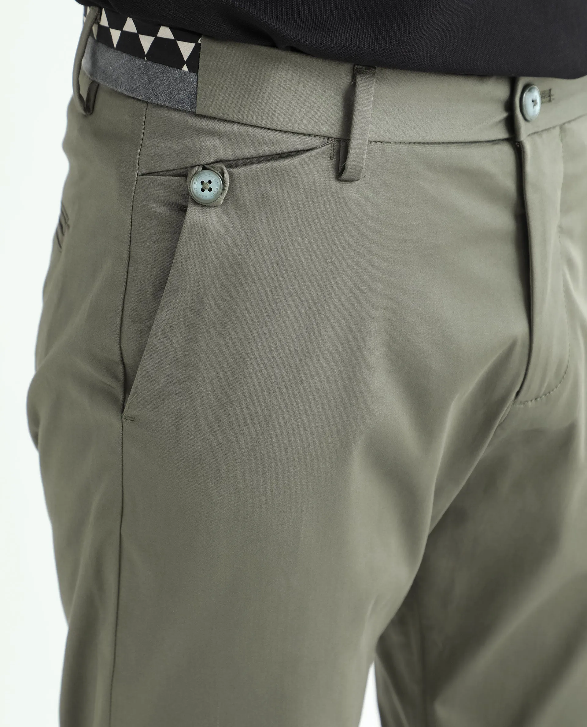 Rare Rabbit Men's Daron Olive Solid Mid-Rise Regular Fit Stretch Trousers