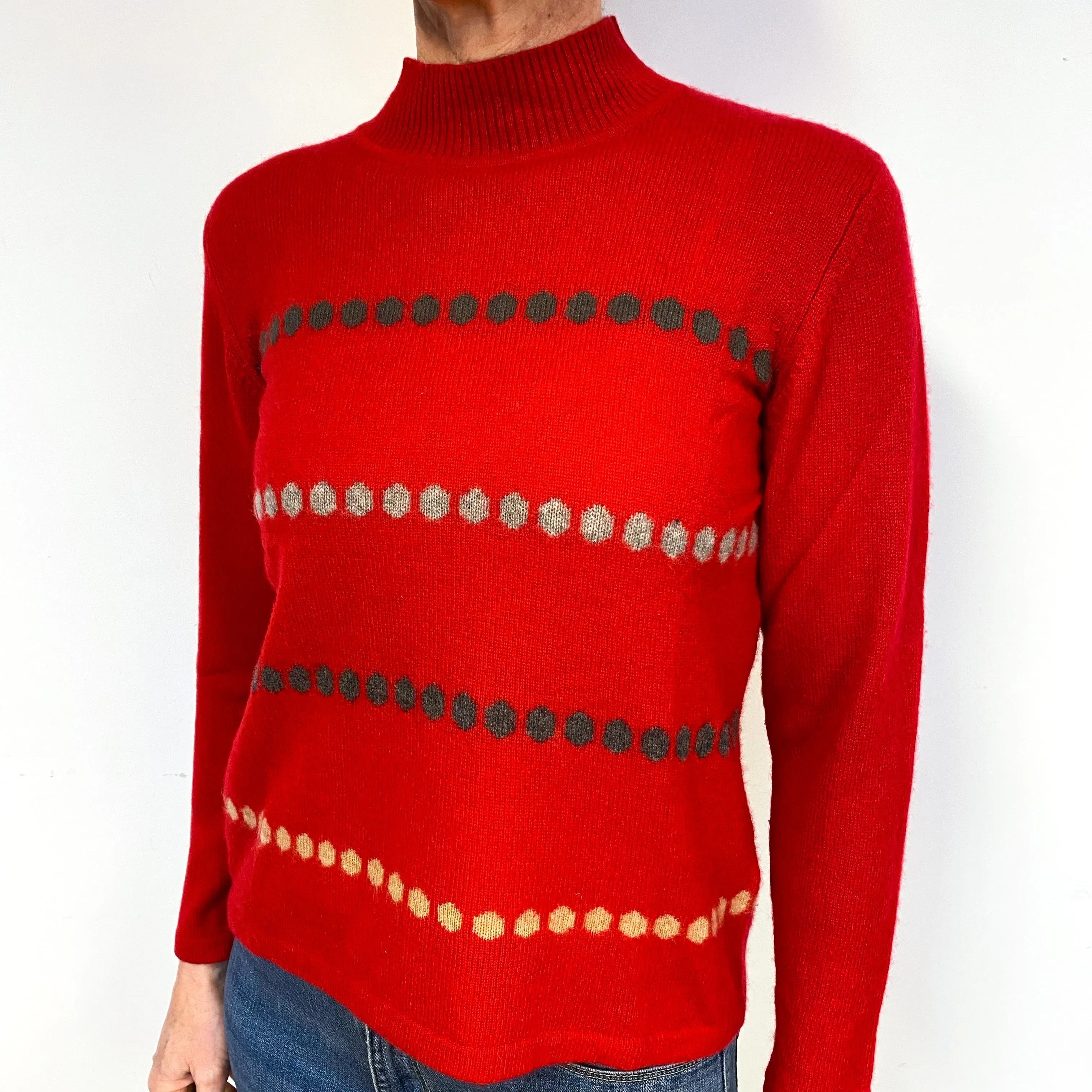 Red Patterned Medium Cashmere Polo Neck Jumper