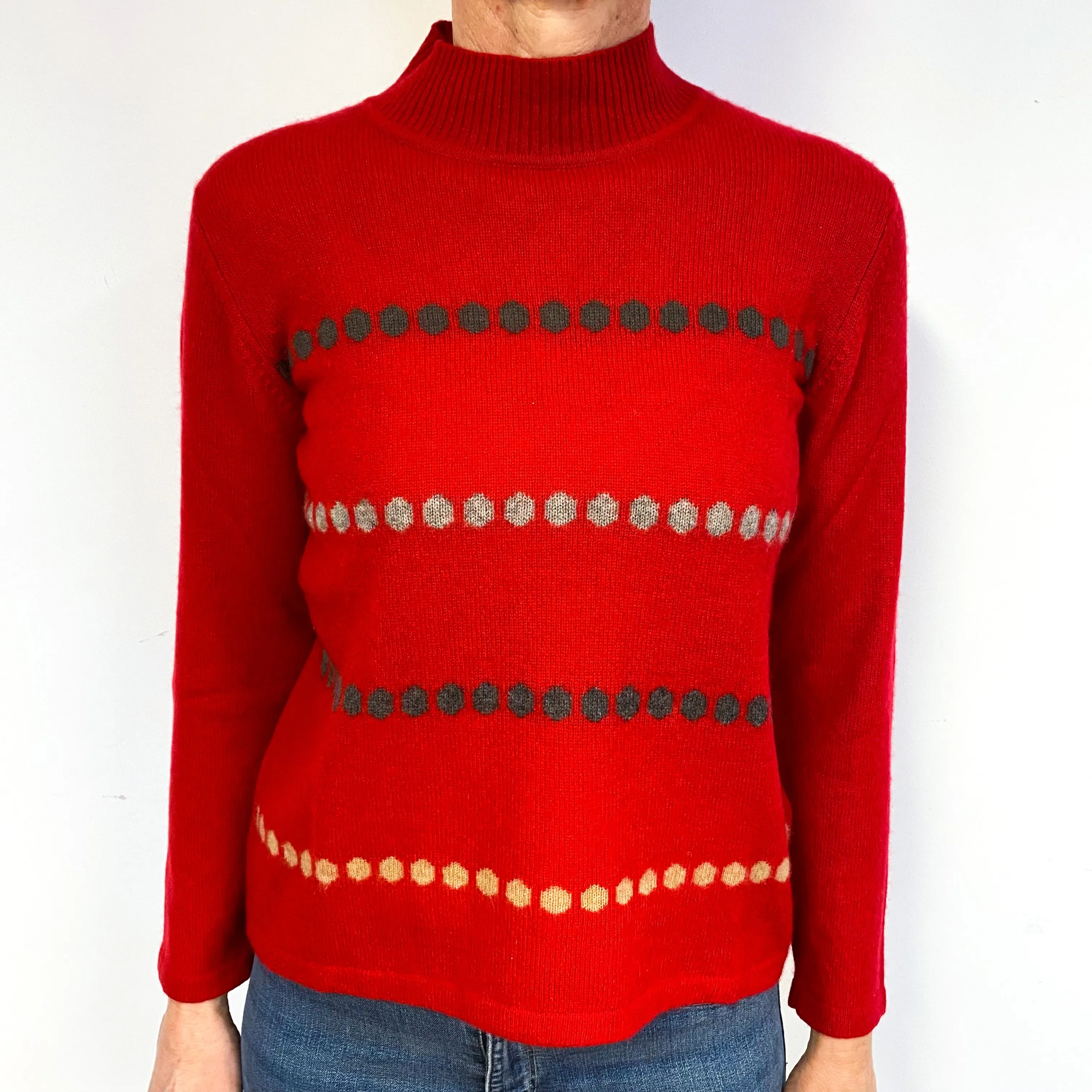 Red Patterned Medium Cashmere Polo Neck Jumper
