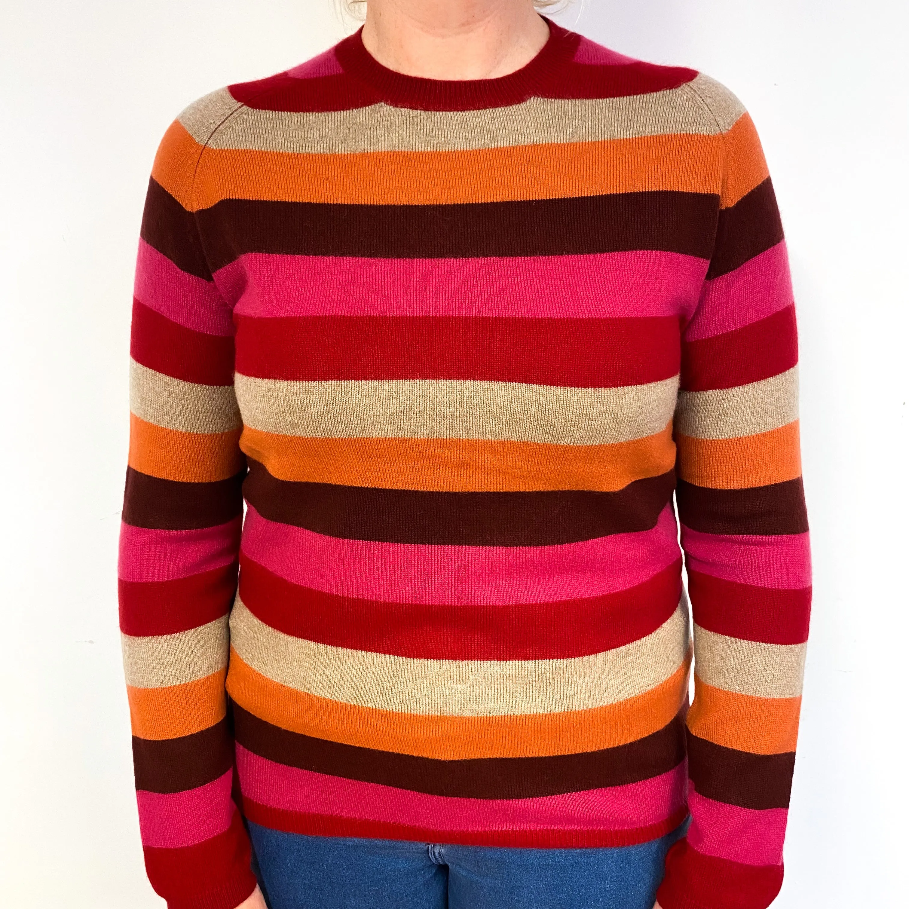 Red Pink Stripe Cashmere Crew Neck Jumper Large