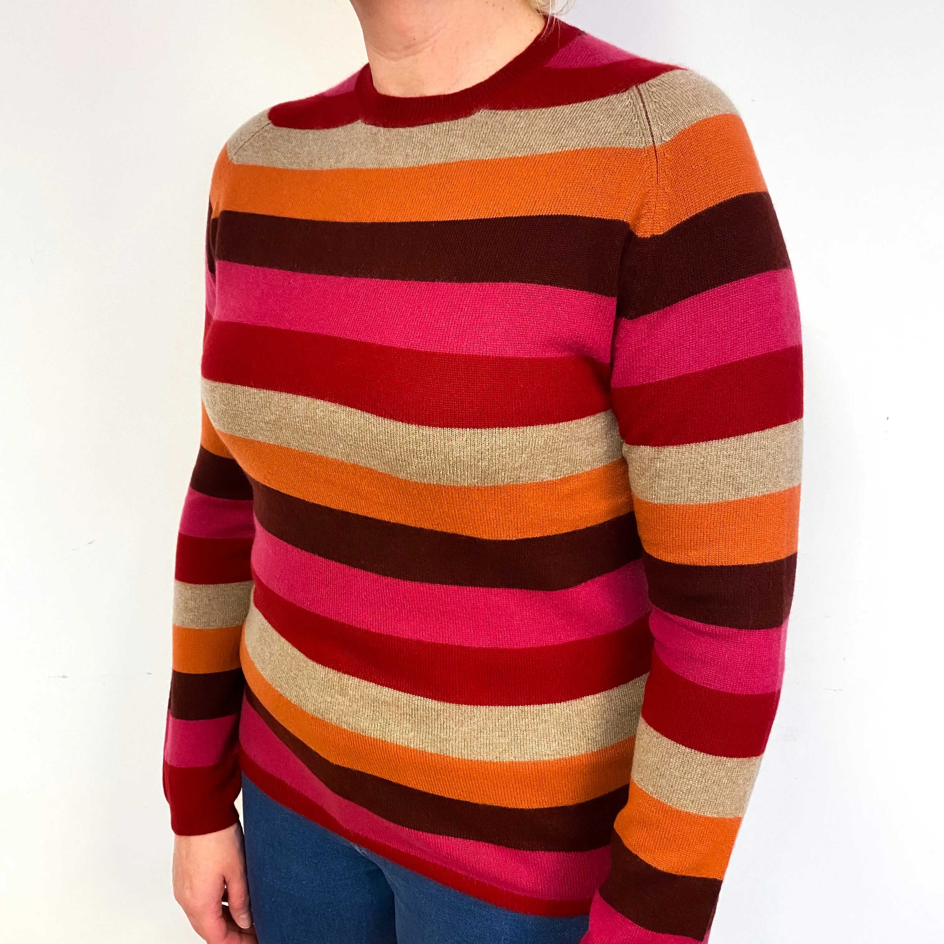 Red Pink Stripe Cashmere Crew Neck Jumper Large