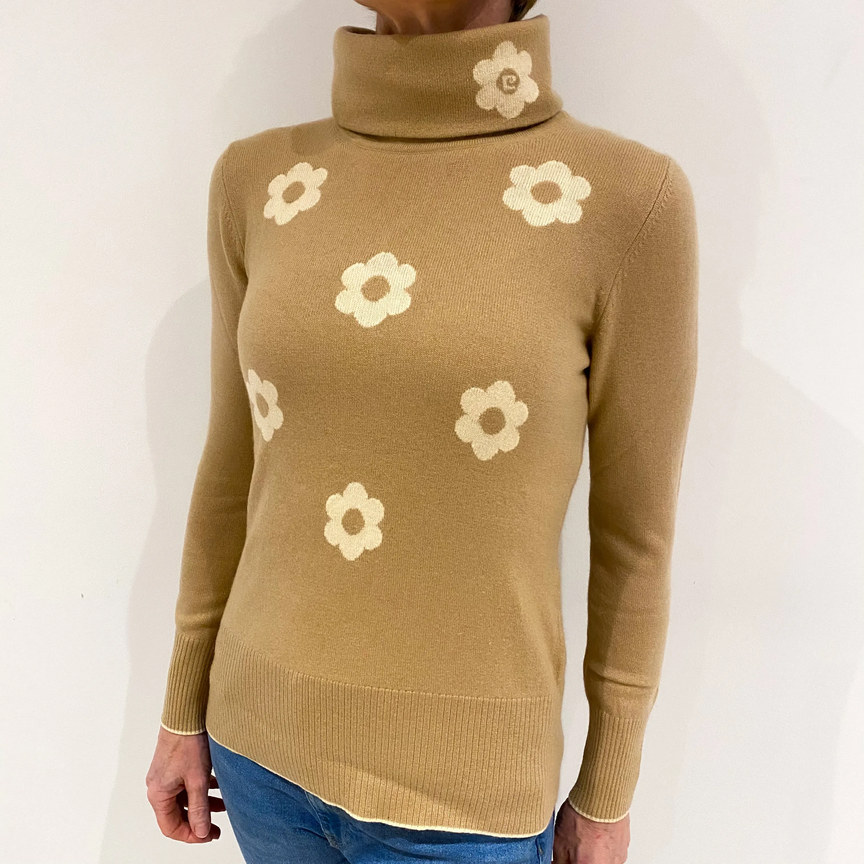 Sand with Beige Flower Detailing Cashmere Cowl Neck Jumper Small