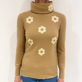 Sand with Beige Flower Detailing Cashmere Cowl Neck Jumper Small