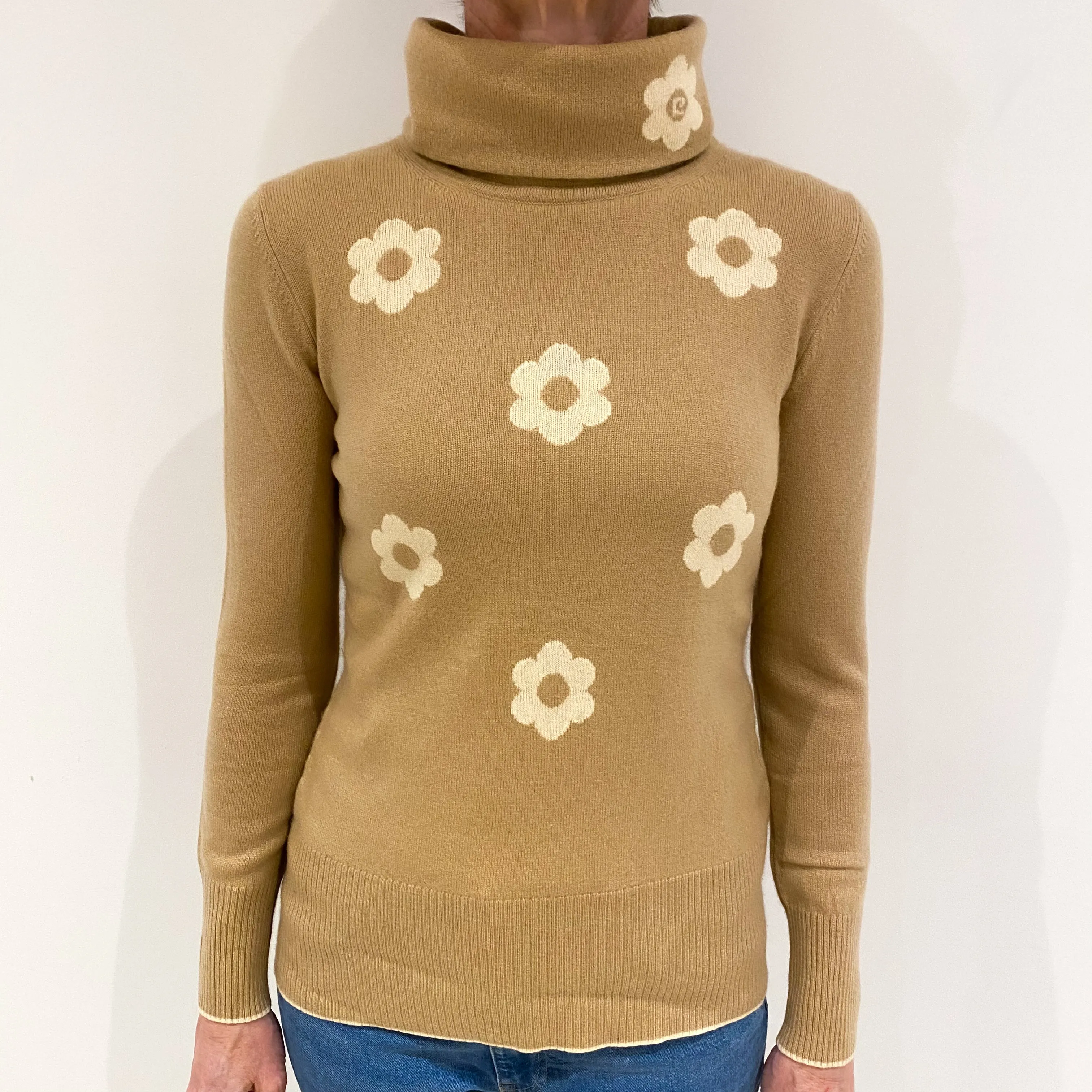 Sand with Beige Flower Detailing Cashmere Cowl Neck Jumper Small