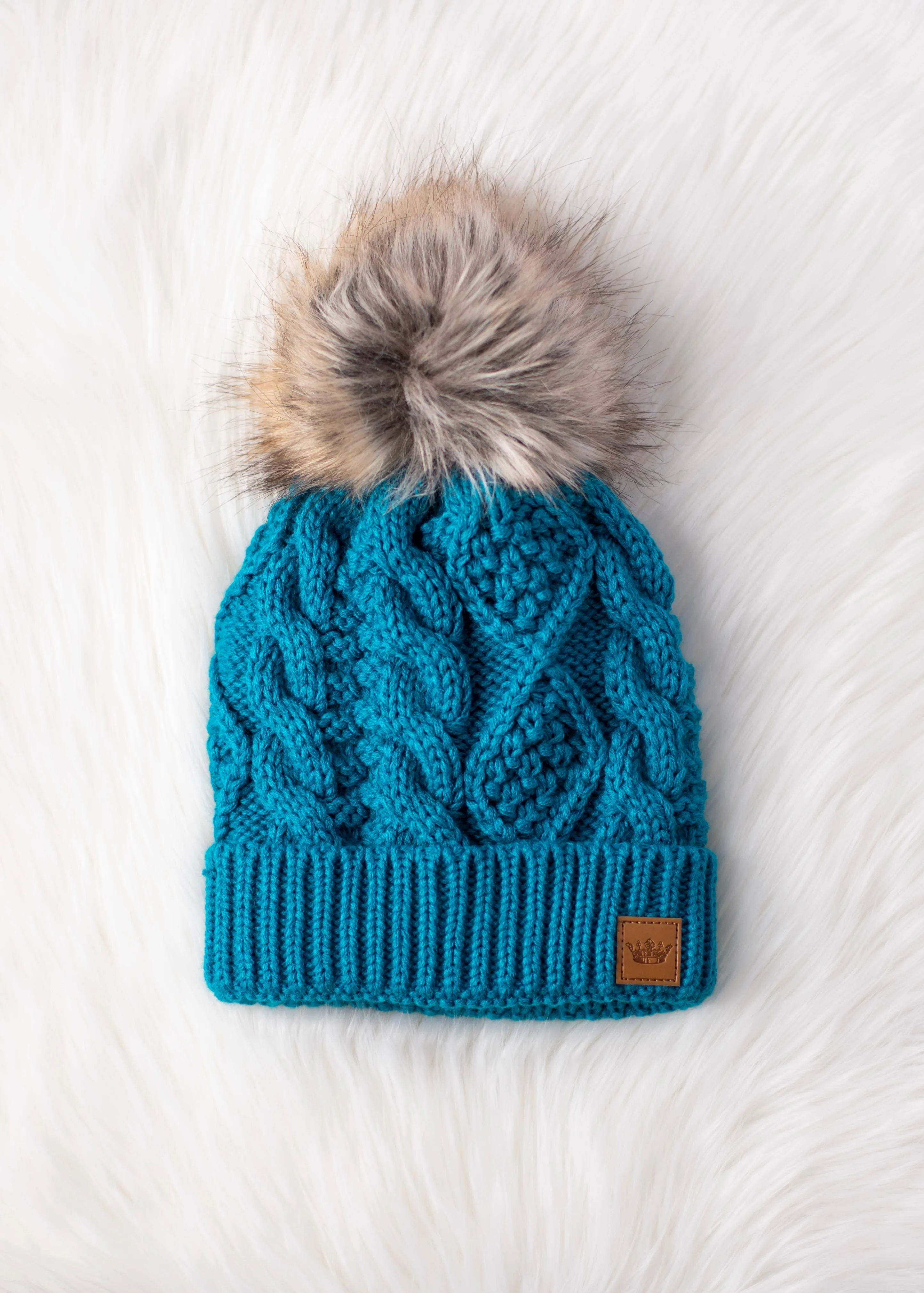 Sapphire Blue Cable Knit Pom Hat