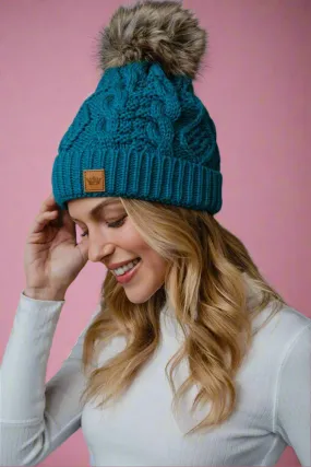 Sapphire Blue Cable Knit Pom Hat