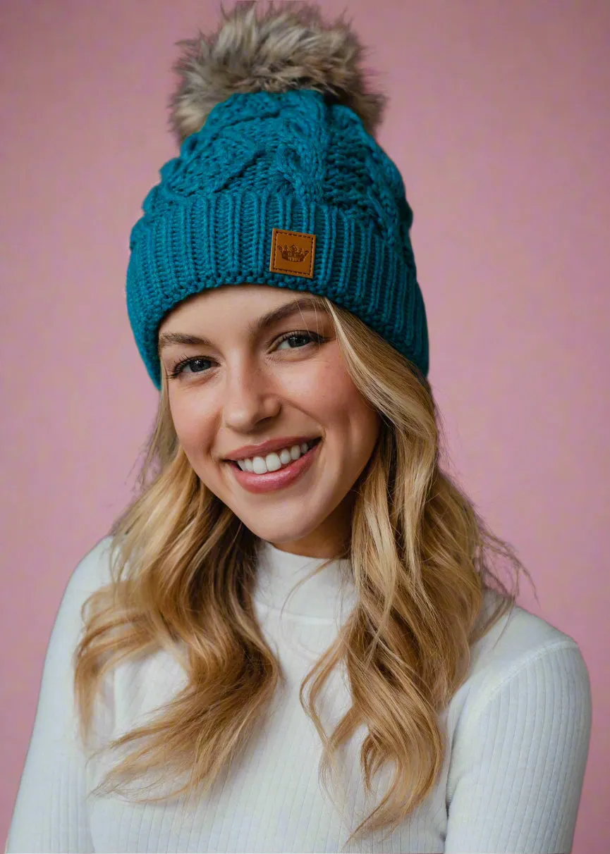 Sapphire Blue Cable Knit Pom Hat