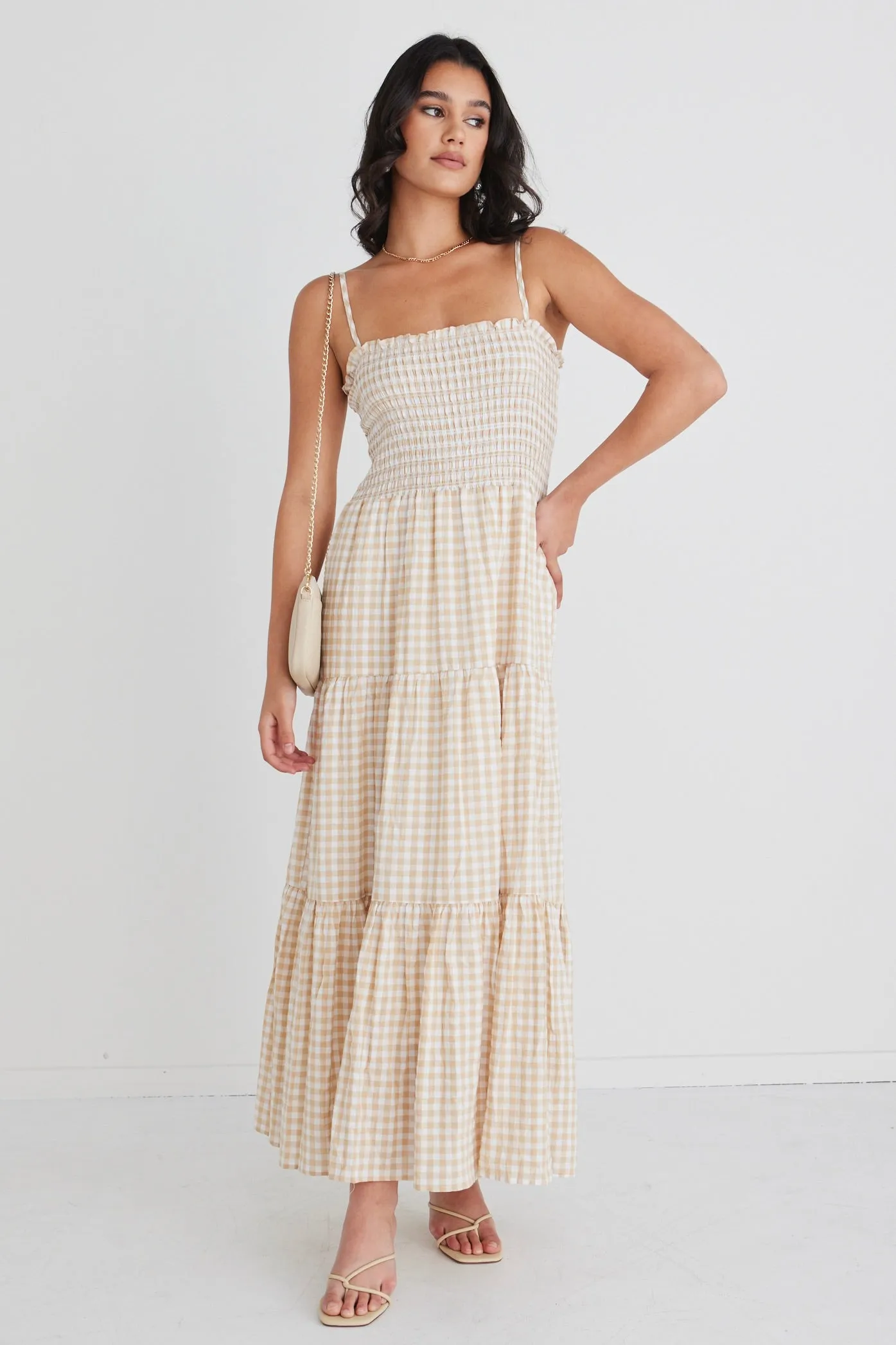 Serenity Sand Gingham Strappy Shirred Bodice Tiered Maxi Dress