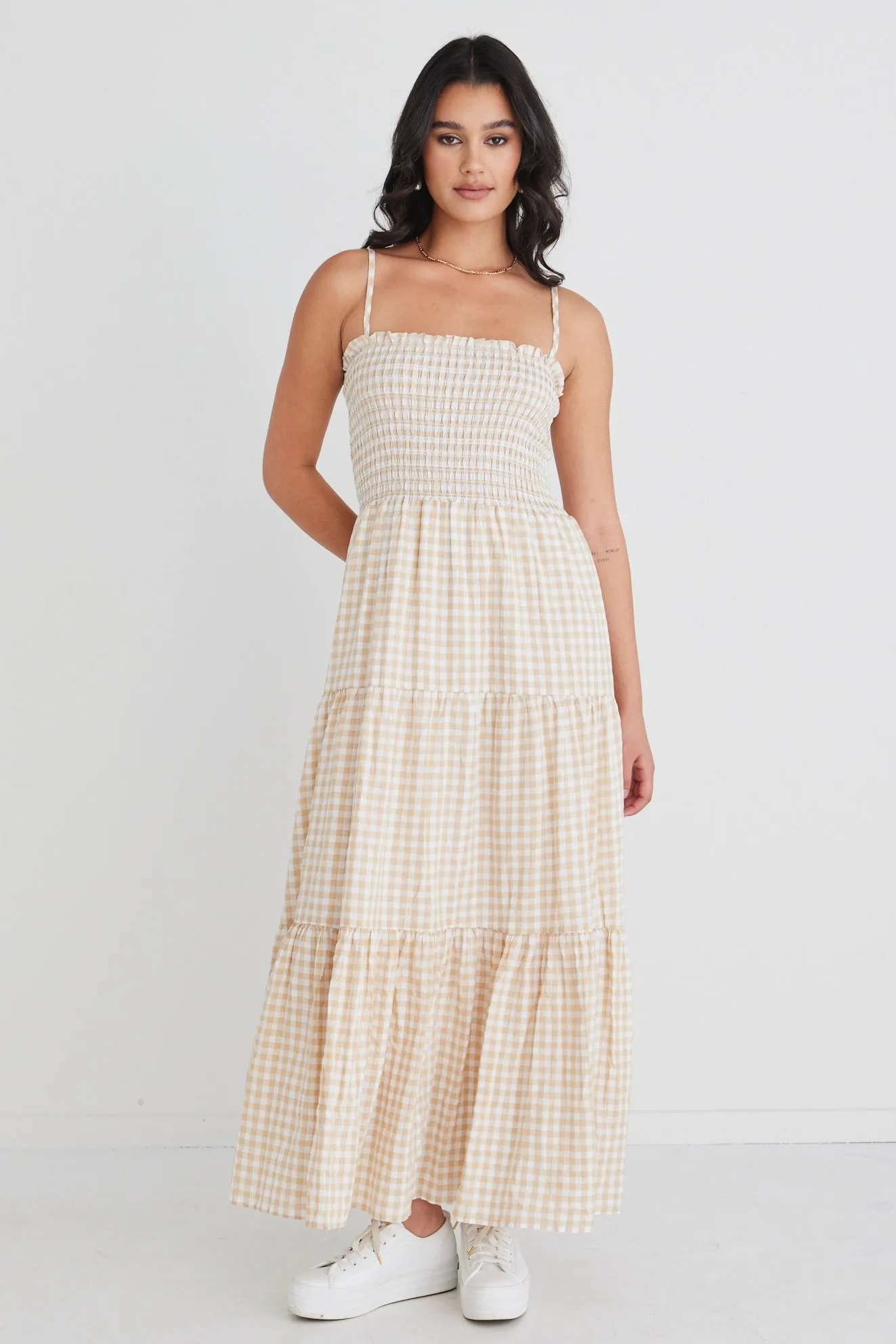 Serenity Sand Gingham Strappy Shirred Bodice Tiered Maxi Dress