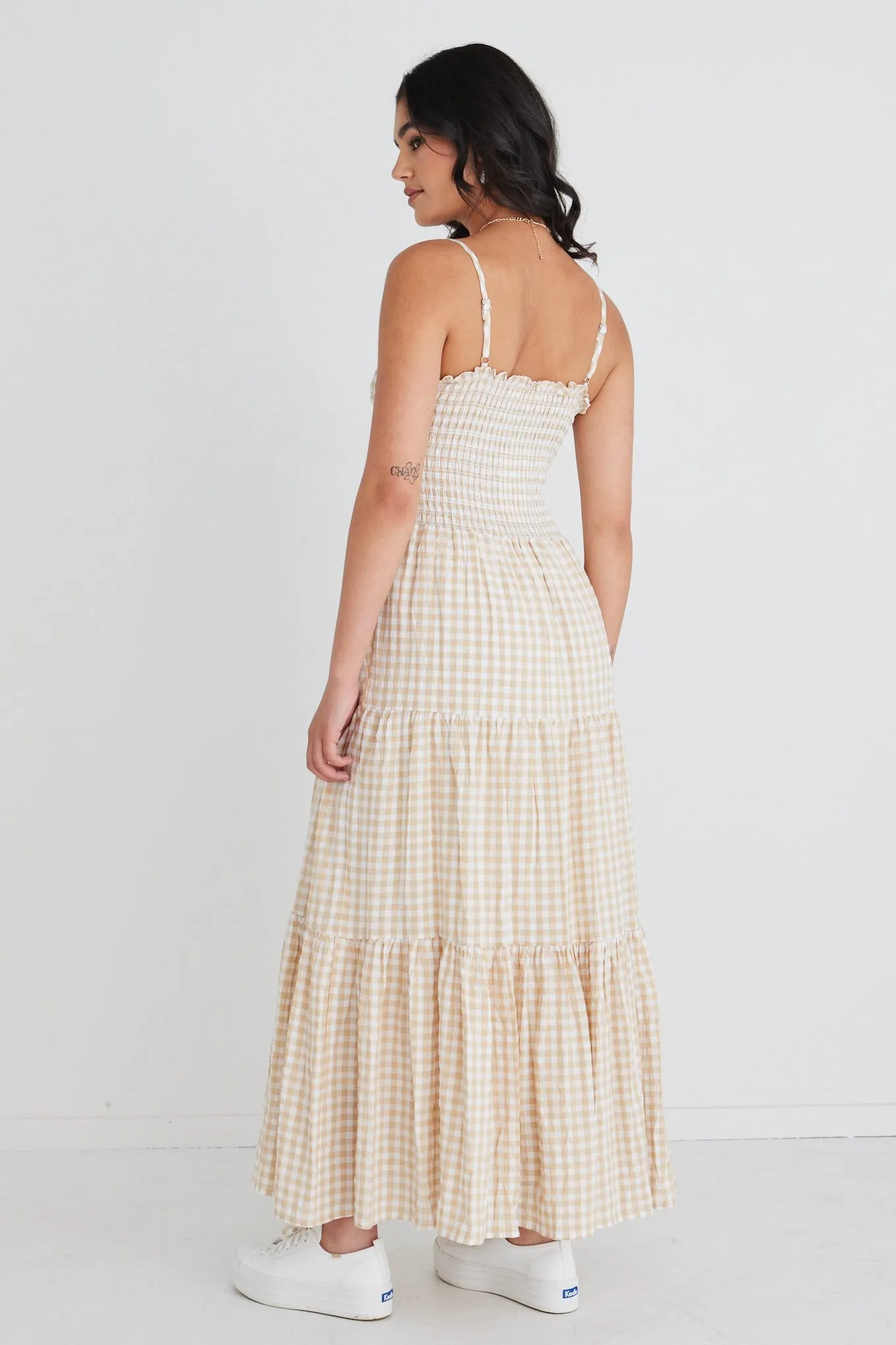 Serenity Sand Gingham Strappy Shirred Bodice Tiered Maxi Dress