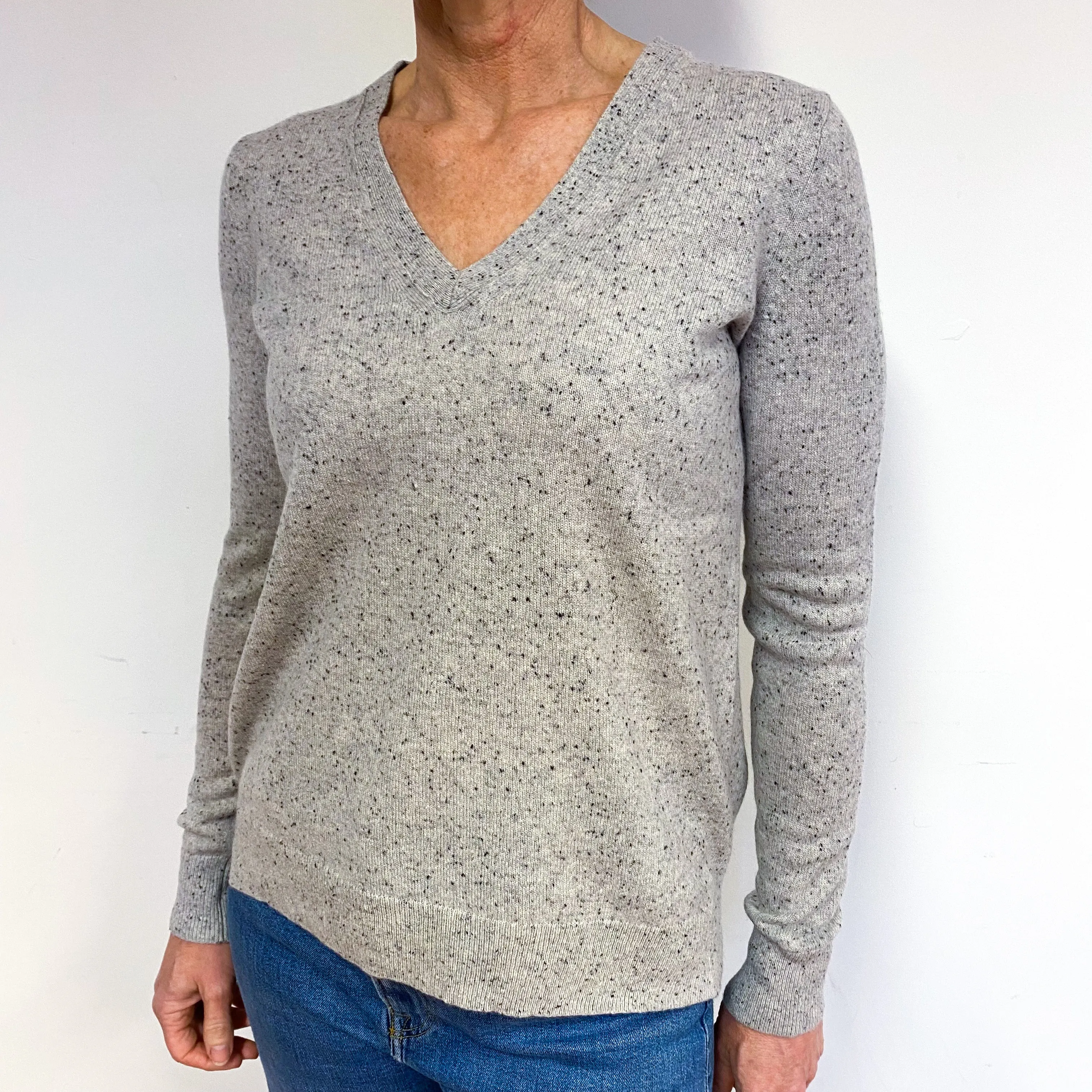 Smoke Grey Fleck Cashmere V-Neck Jumper Medium