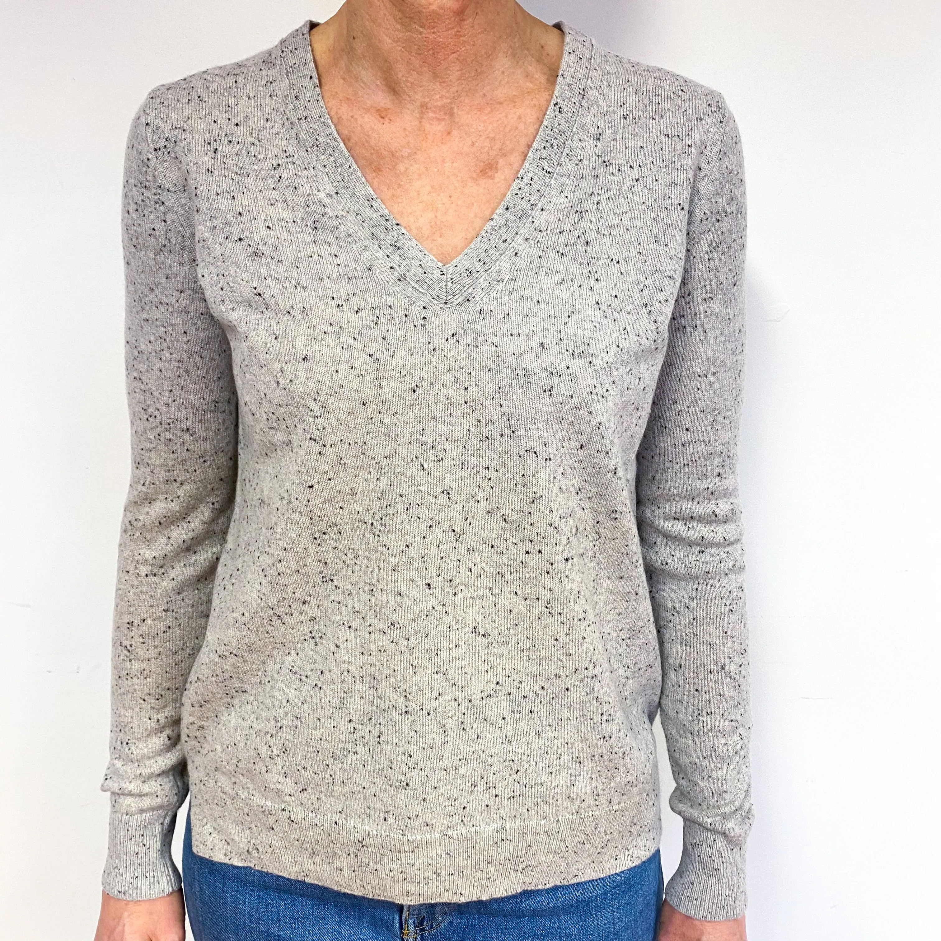 Smoke Grey Fleck Cashmere V-Neck Jumper Medium
