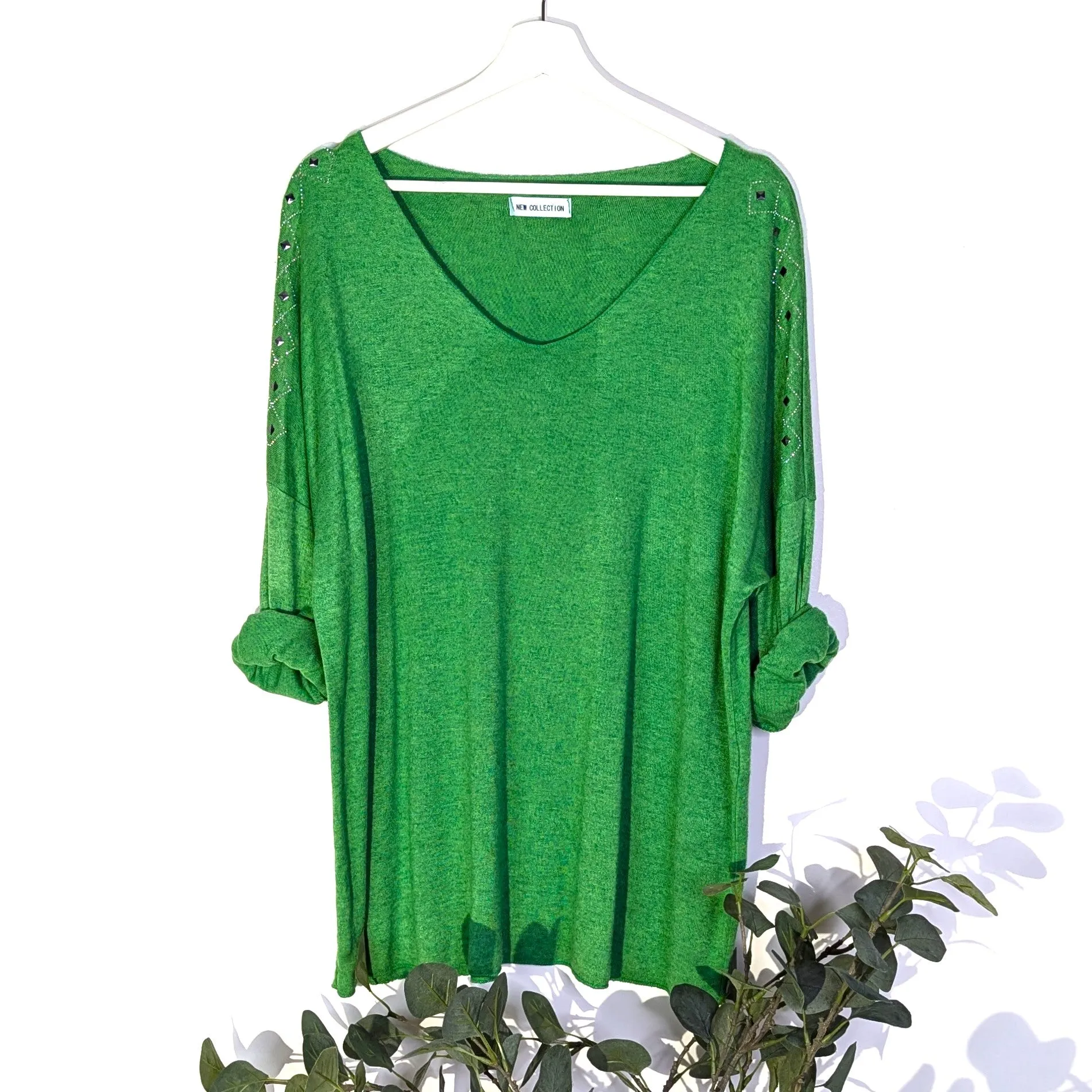 Soft fine knit cosy V-neck top with crystal diamond detail on the shoulder