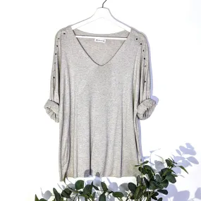 Soft fine knit cosy V-neck top with crystal diamond detail on the shoulder