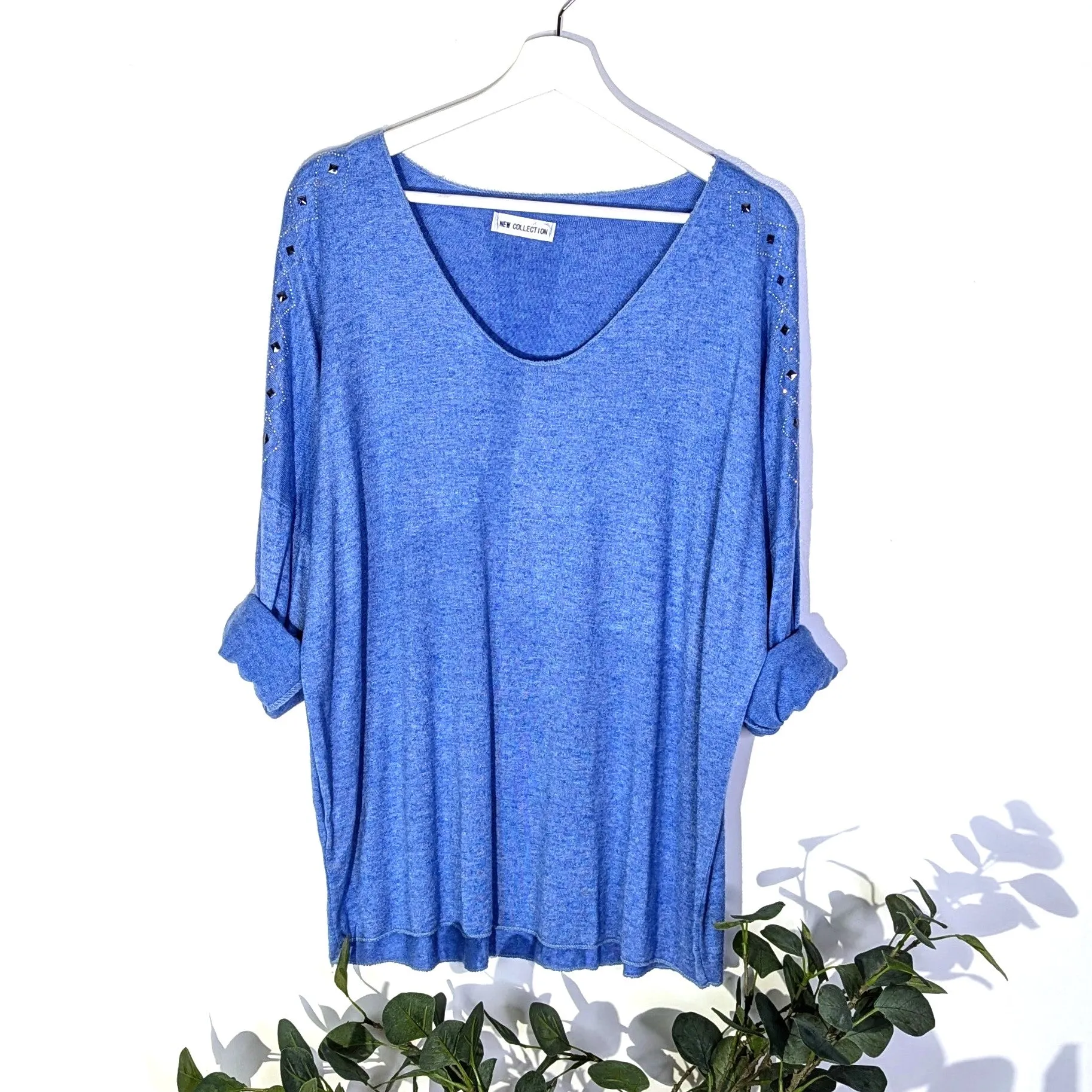 Soft fine knit cosy V-neck top with crystal diamond detail on the shoulder