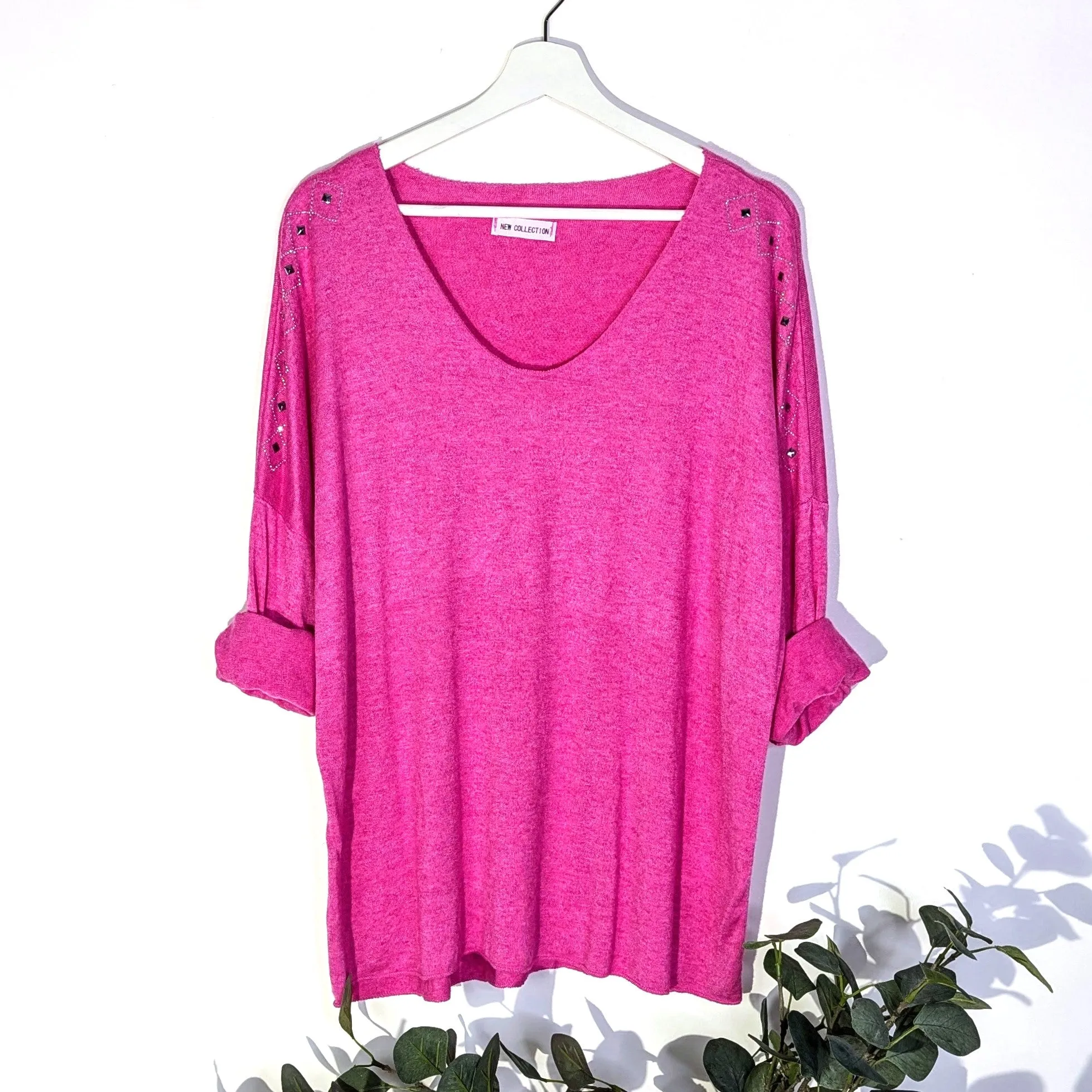 Soft fine knit cosy V-neck top with crystal diamond detail on the shoulder