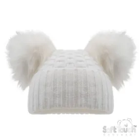 Soft Touch Honeycomb Knit Turnup Pompom Hat White