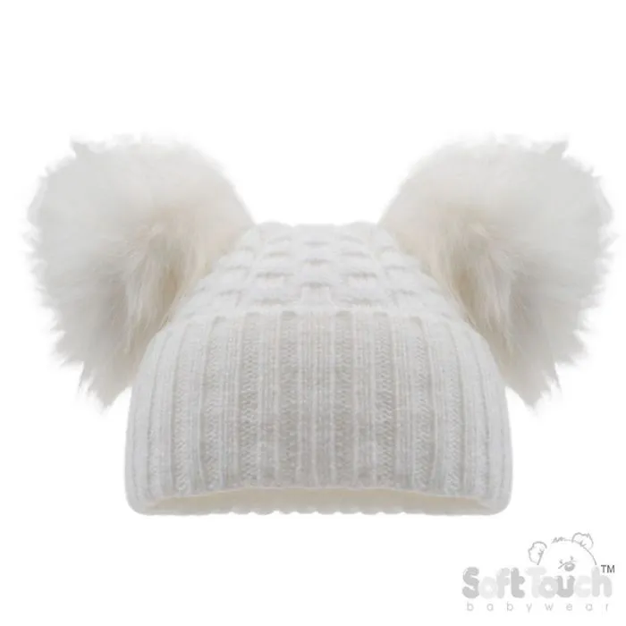Soft Touch Honeycomb Knit Turnup Pompom Hat White