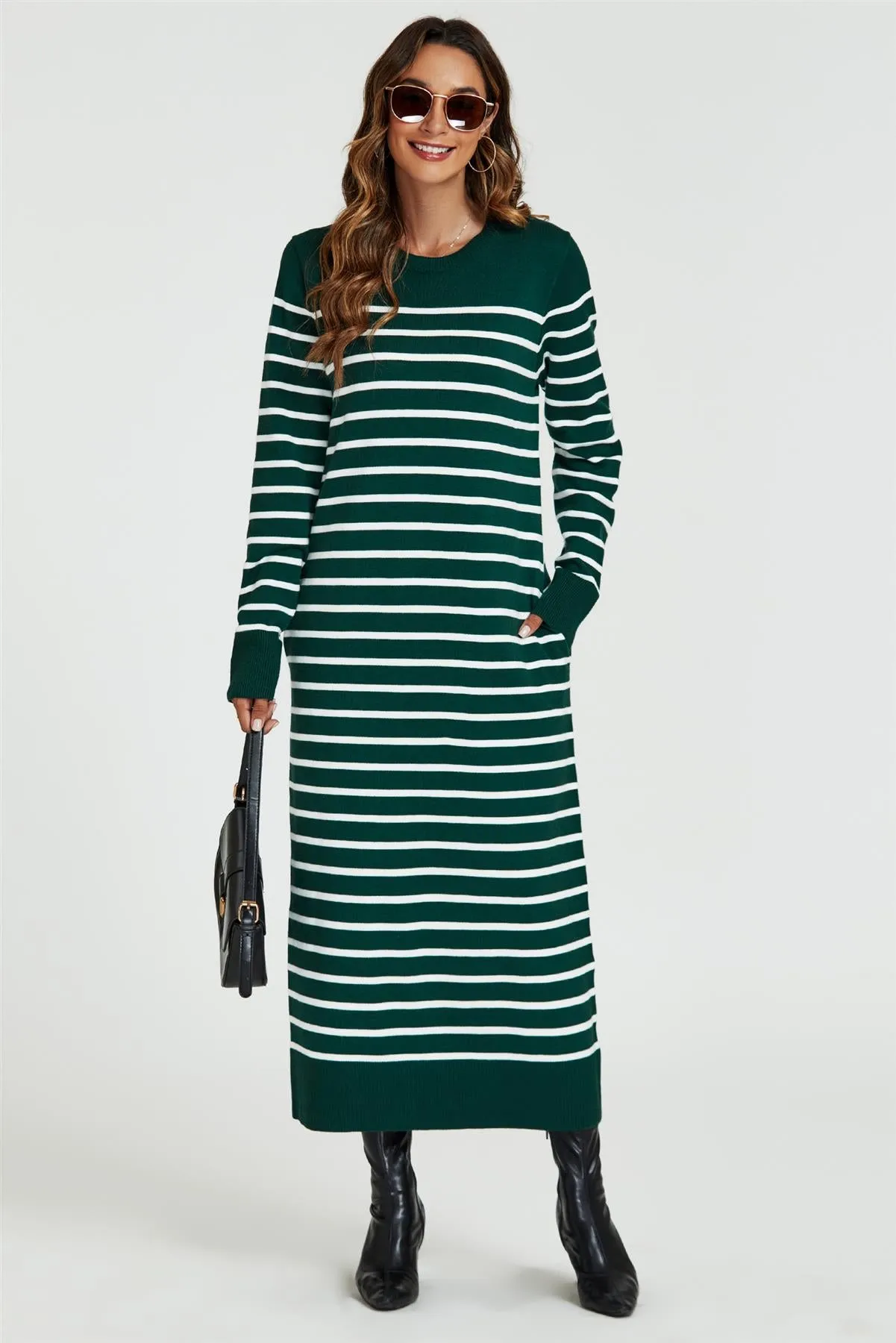 Stripe Pattern Knitted Tunic Jumper Dress In Dark Green