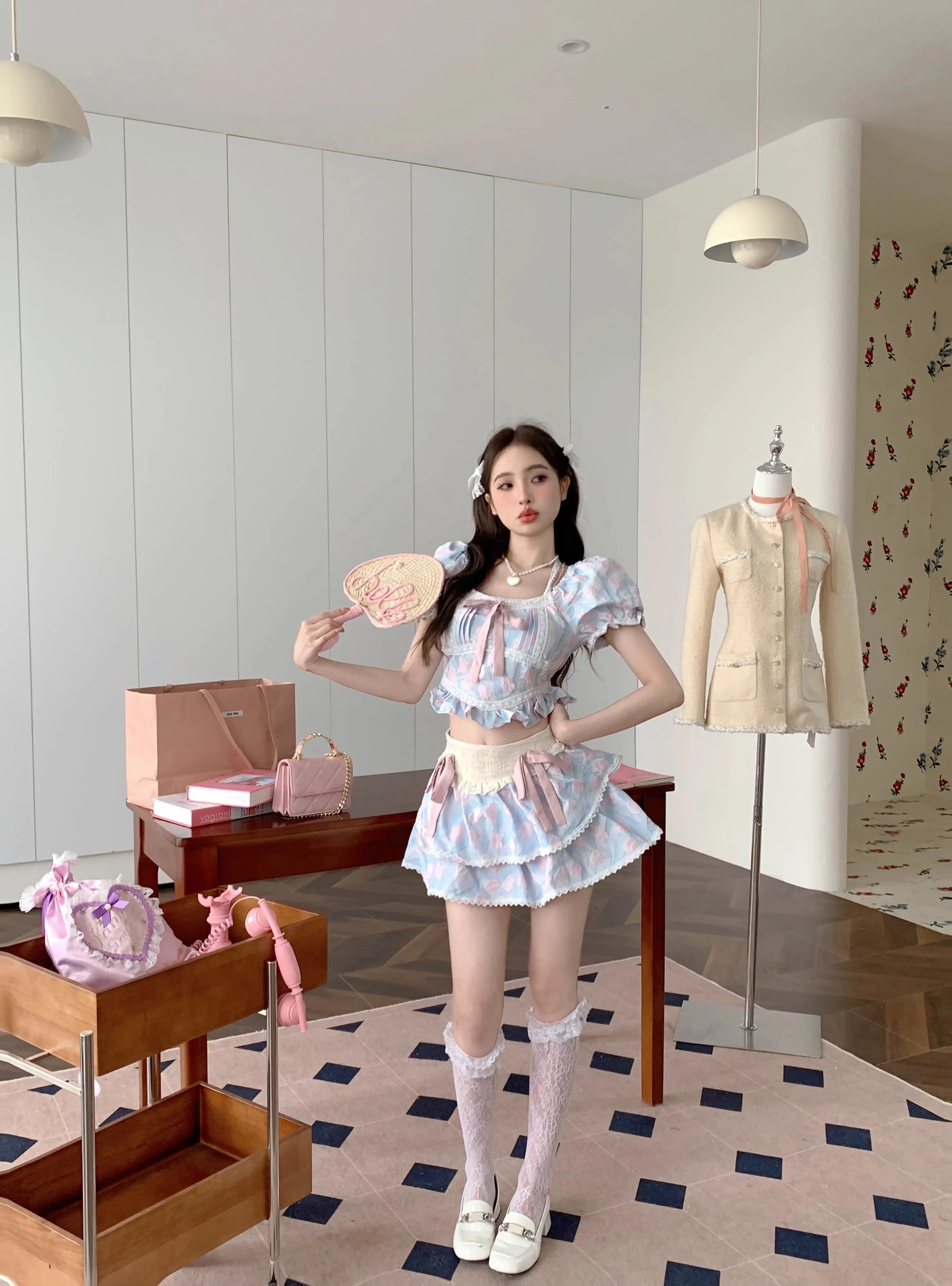 Sweet and cute puff sleeve top   high waist skirt PL53507