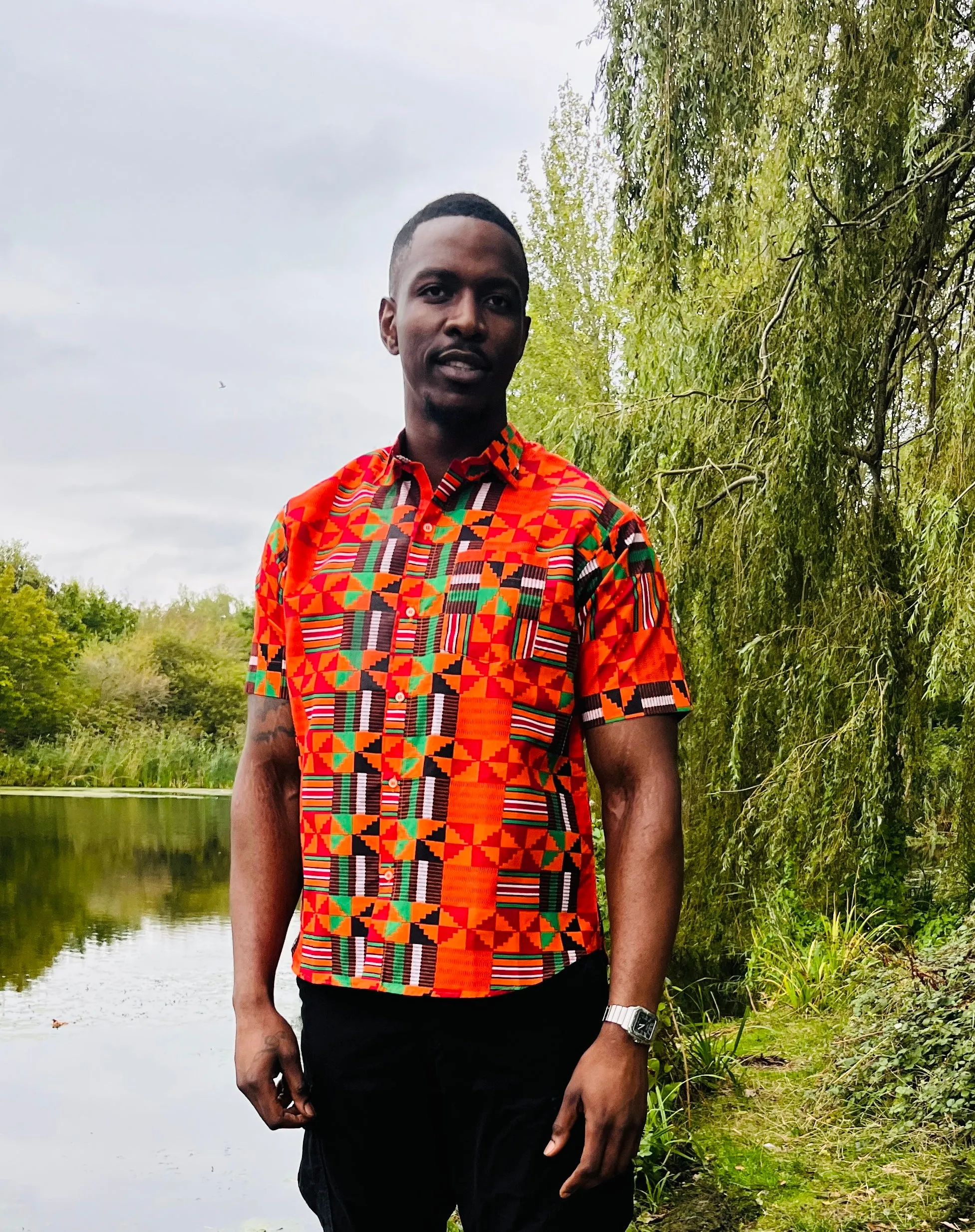 The Laolu Ankara African Print Men Shirt in Orange Kente
