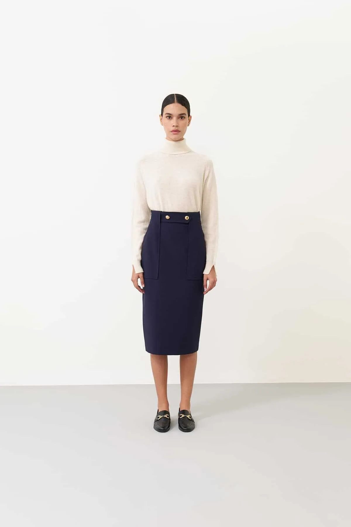 Tube Skirt with Button Detail on the Waist Navy Blue