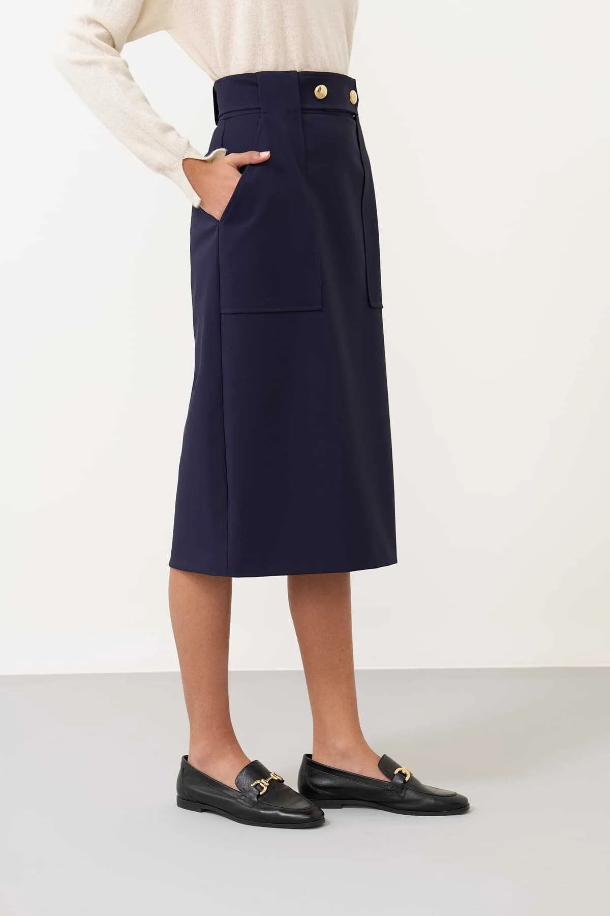 Tube Skirt with Button Detail on the Waist Navy Blue
