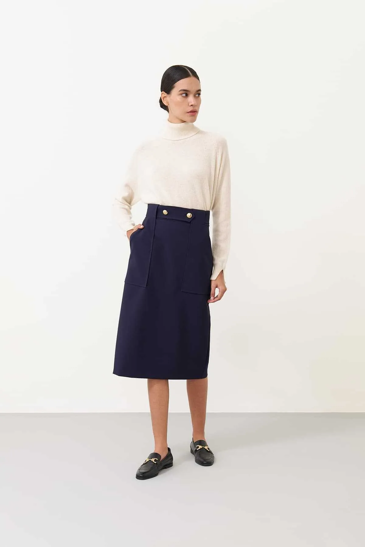 Tube Skirt with Button Detail on the Waist Navy Blue