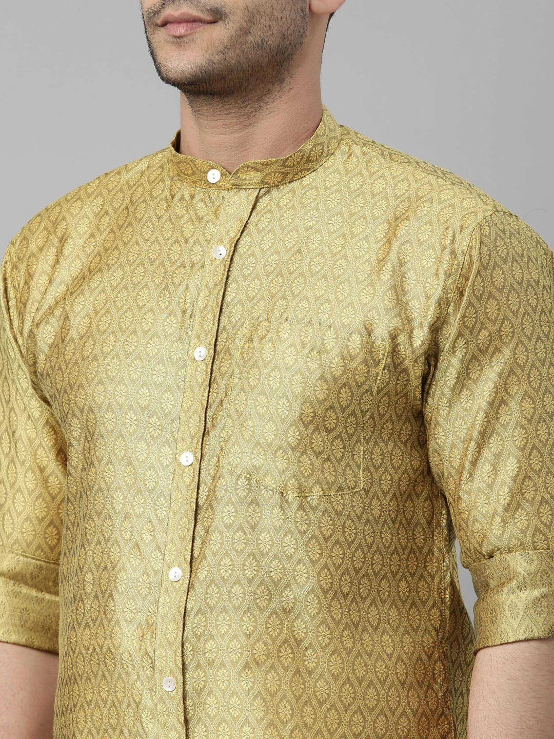 VASTRAMAY Men's Yellow Shirt And Mundu Set