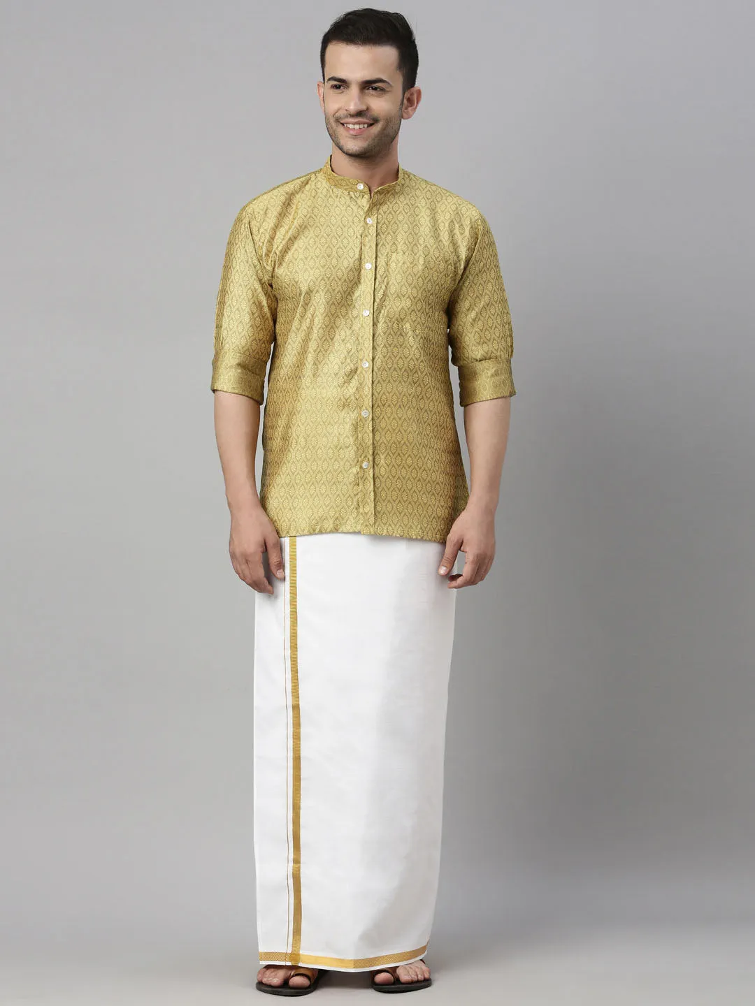 VASTRAMAY Men's Yellow Shirt And Mundu Set