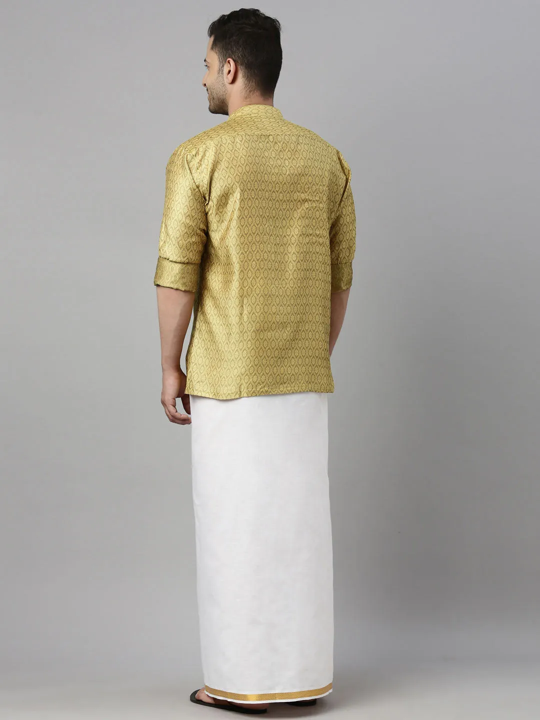 VASTRAMAY Men's Yellow Shirt And Mundu Set