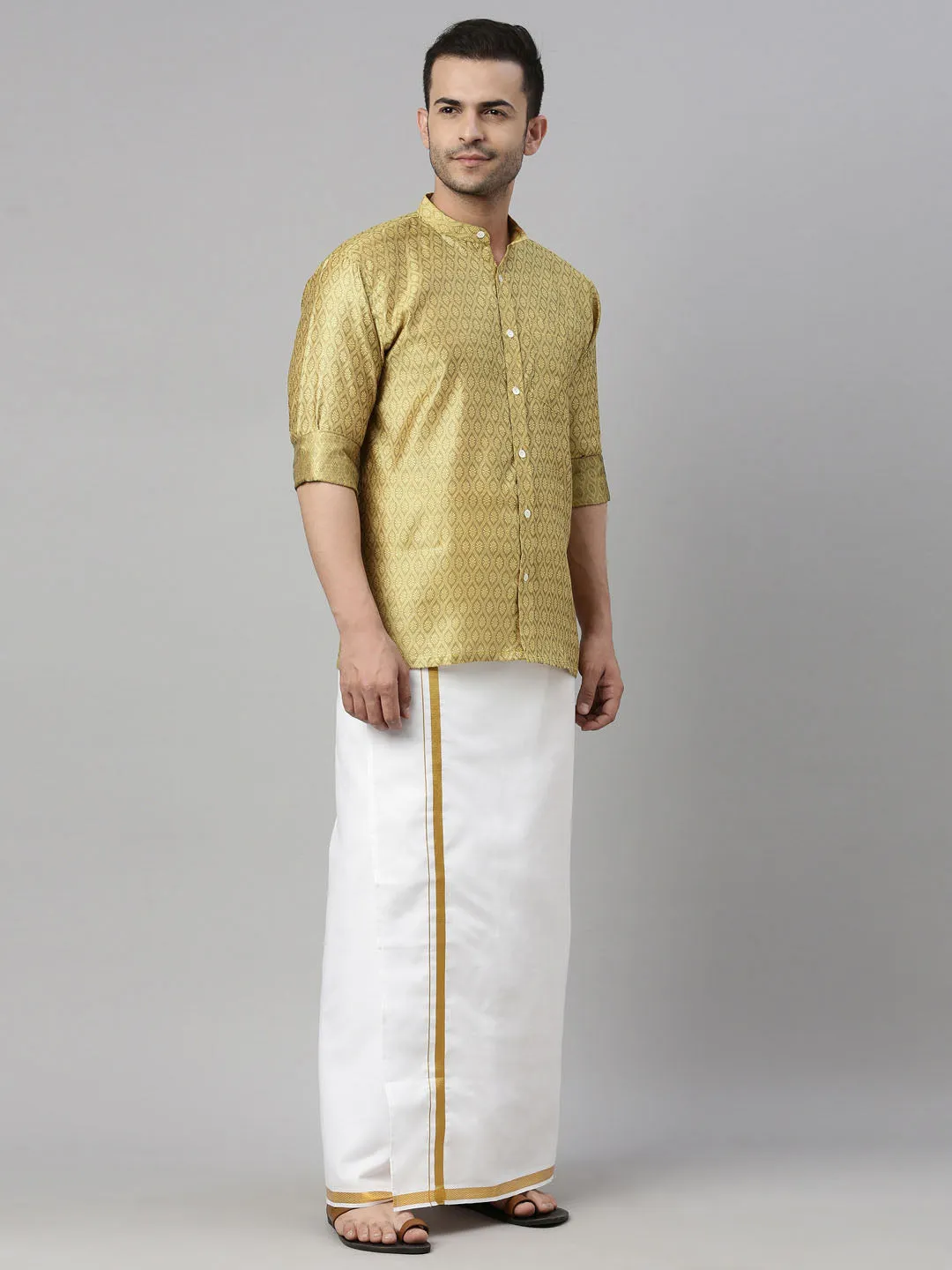 VASTRAMAY Men's Yellow Shirt And Mundu Set