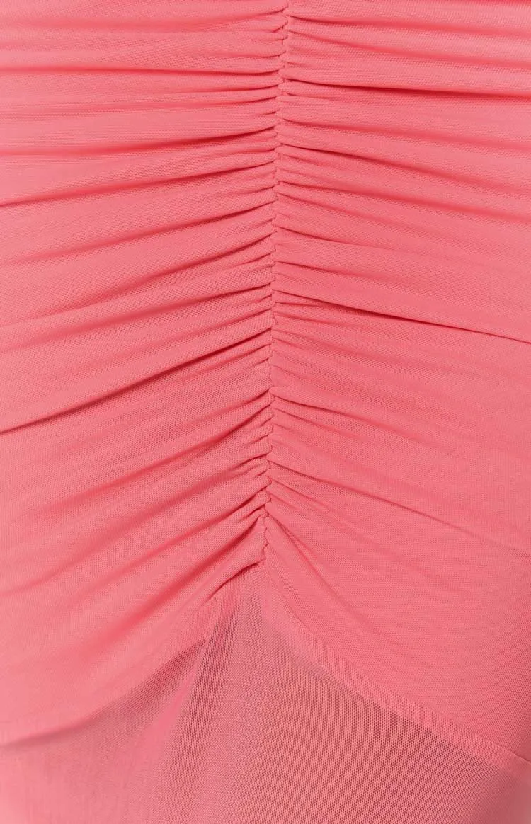 Veronica Pink Mesh Ruched Maxi Dress