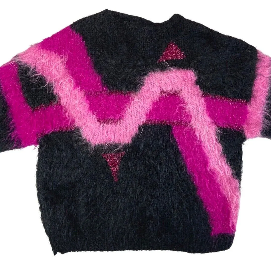 Vintage 80s Black Pink Mohair Pattern Knit Sweater 12 14 M