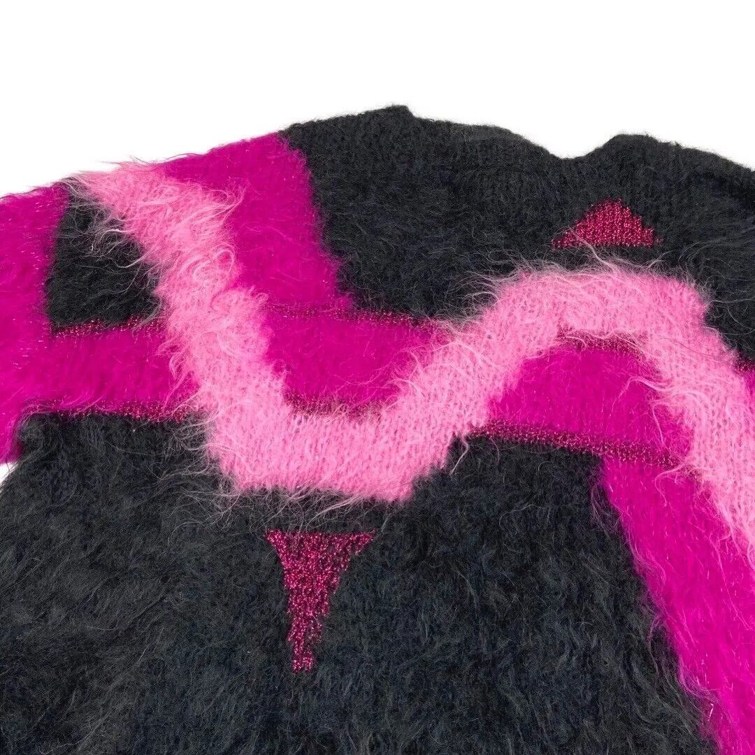 Vintage 80s Black Pink Mohair Pattern Knit Sweater 12 14 M