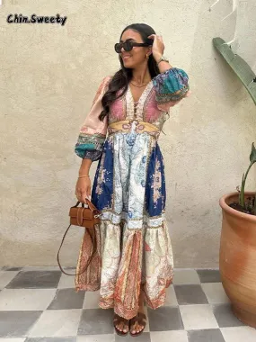 Vintage Patchwork Maxi Dress: Bohemian Chic V-Neck Statement Piece